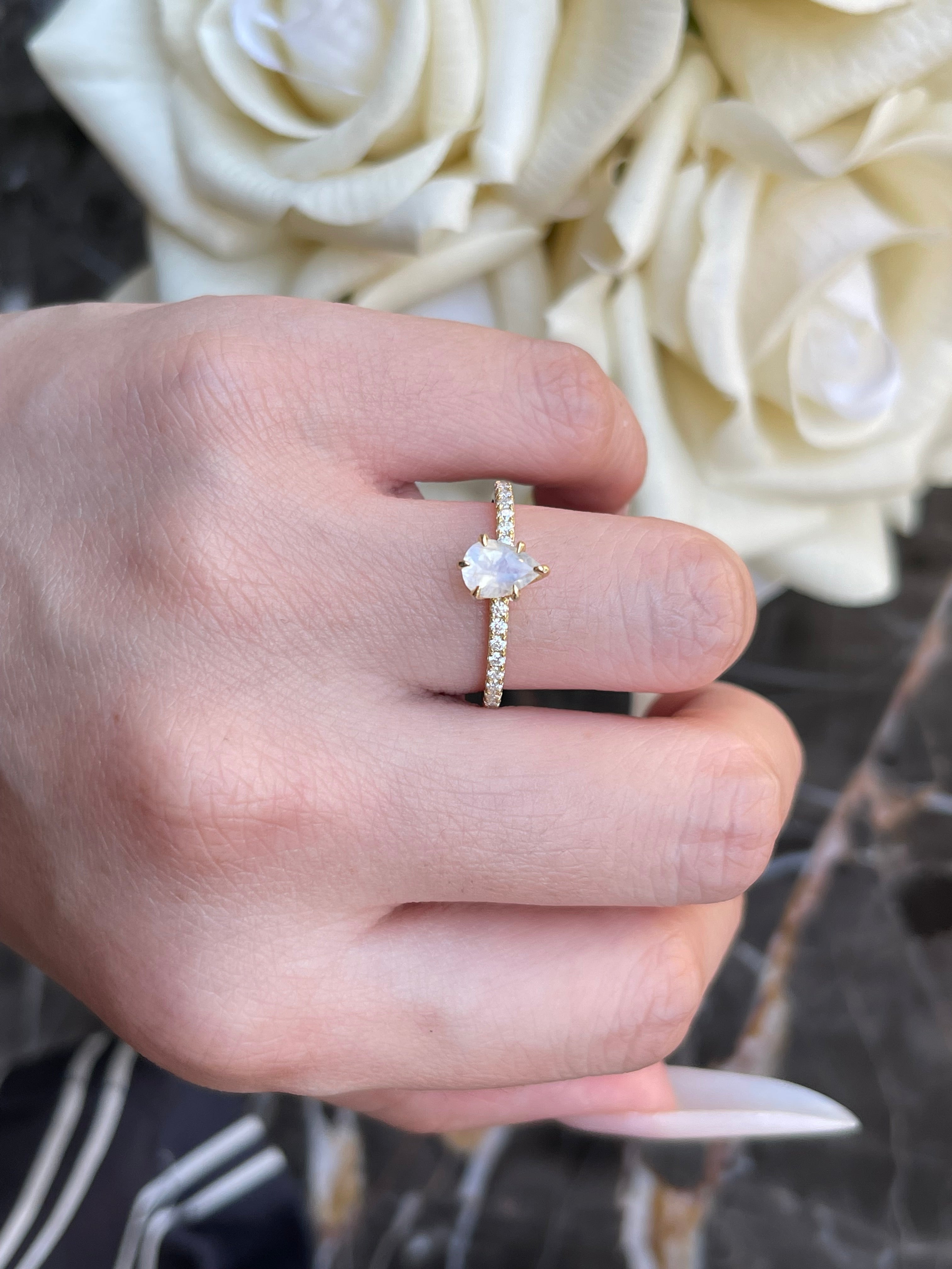 【Serenade Solitaire】Unique Handmade Natural Blue Moonstone Engagement Ring Set 2pcs 0.7ct Pear Shape