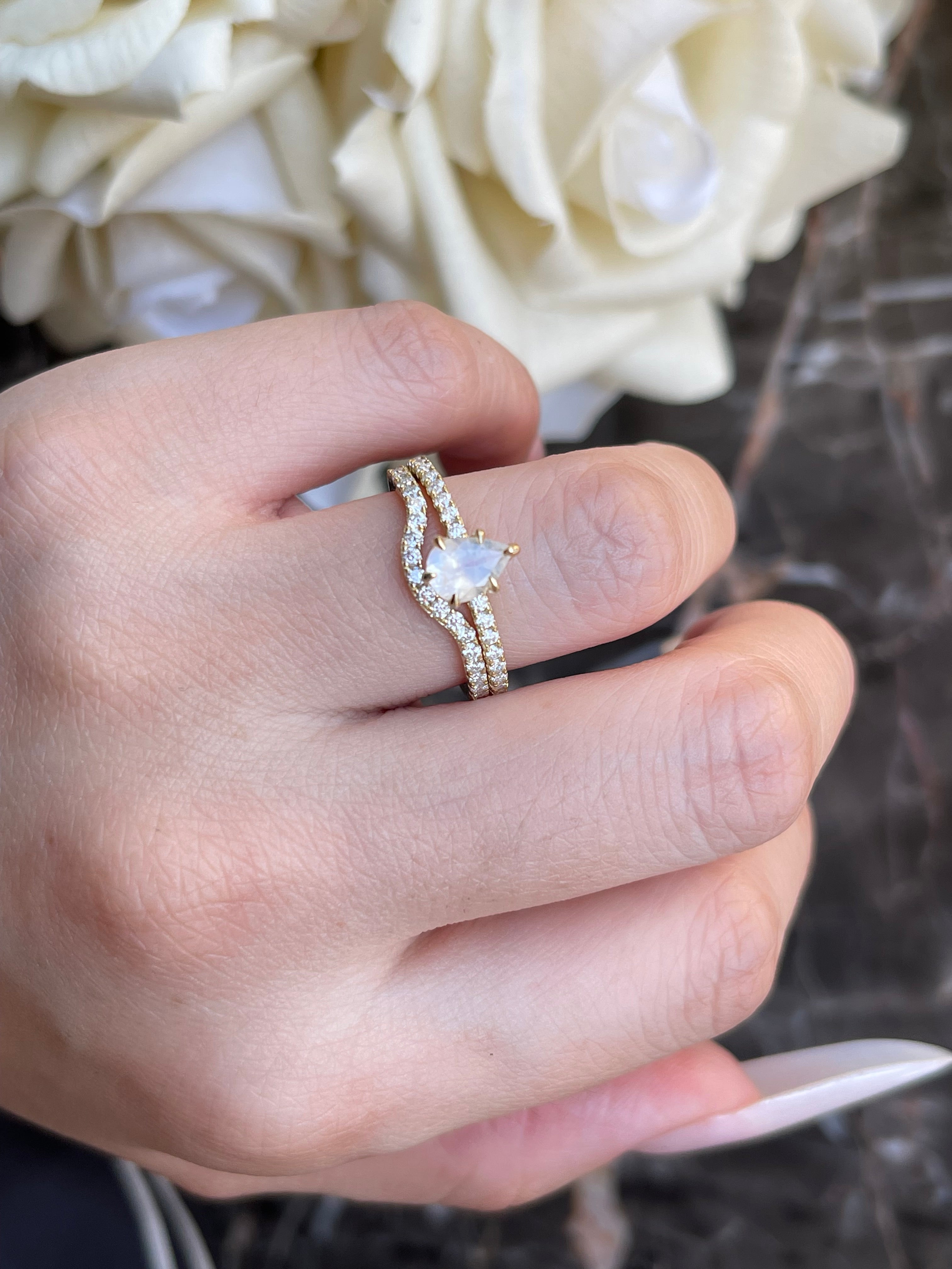 【Serenade Solitaire】Unique Handmade Natural Blue Moonstone Engagement Ring Set 2pcs 0.7ct Pear Shape