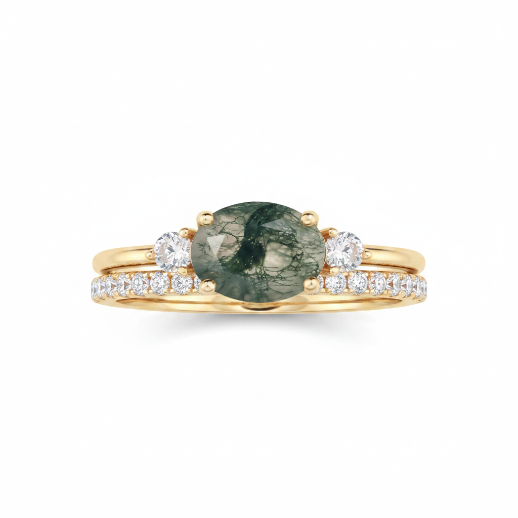 【Ensemble Voile Éthéré】Ensemble de bagues de fiançailles unique, fait main, en agate mousse naturelle, 2 pièces, 1,5 ct, forme ovale