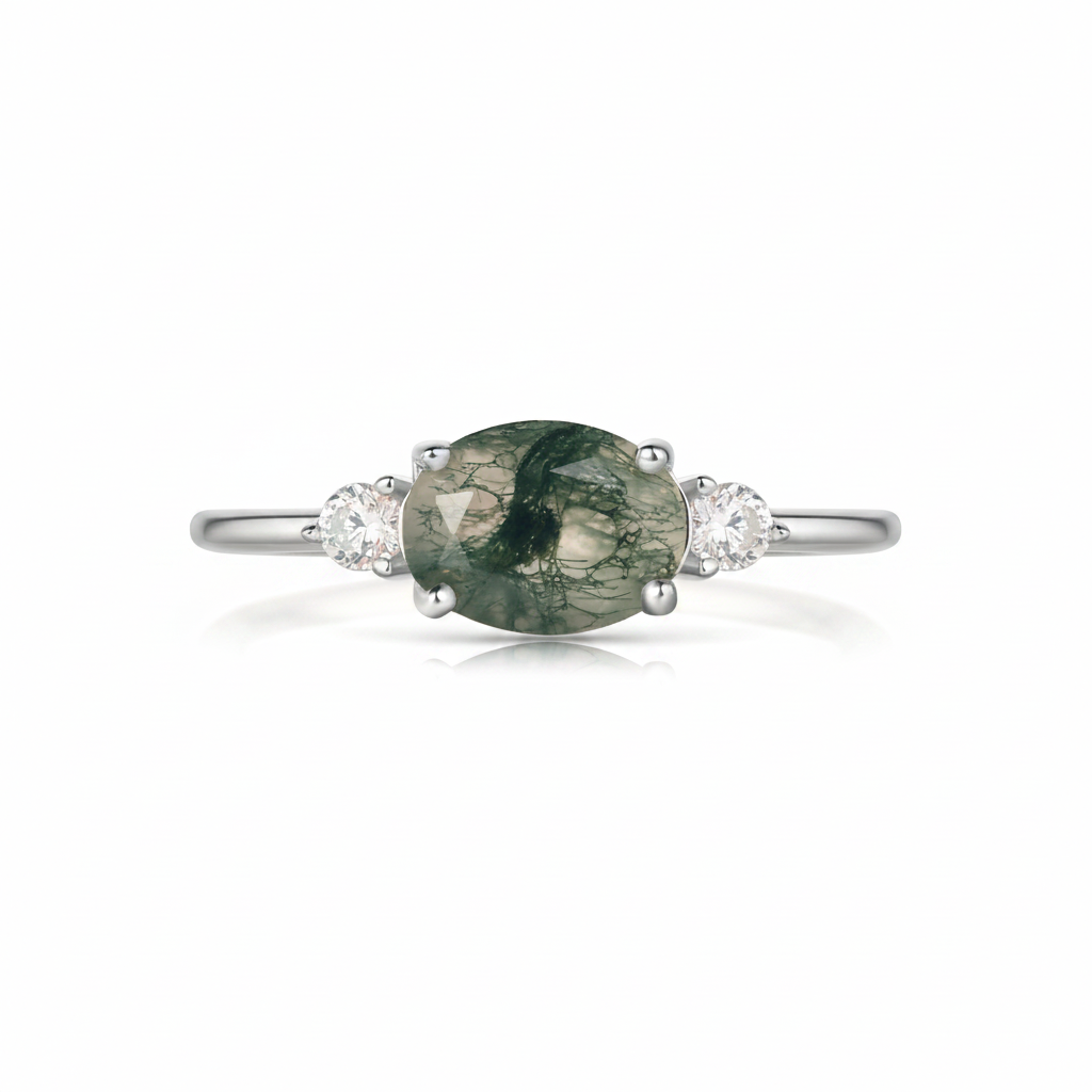 Ethereal Veil | Unique Handmade Natural Moss Agate Engagement Ring 1.5ct Oval Cut