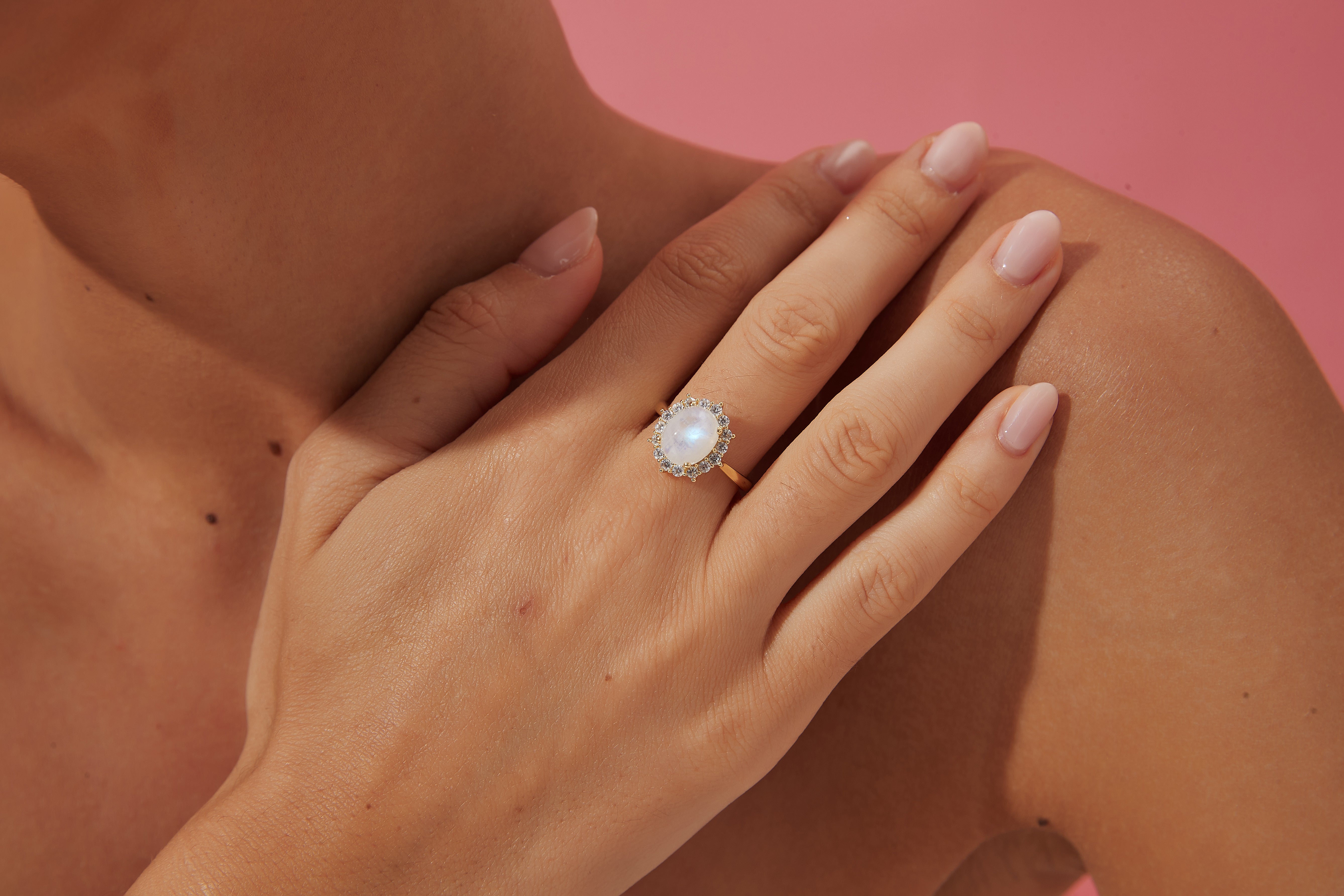 【SELENE】Unique Handmade Natural Blue Moonstone Engagement Ring Oval Shape 3ct