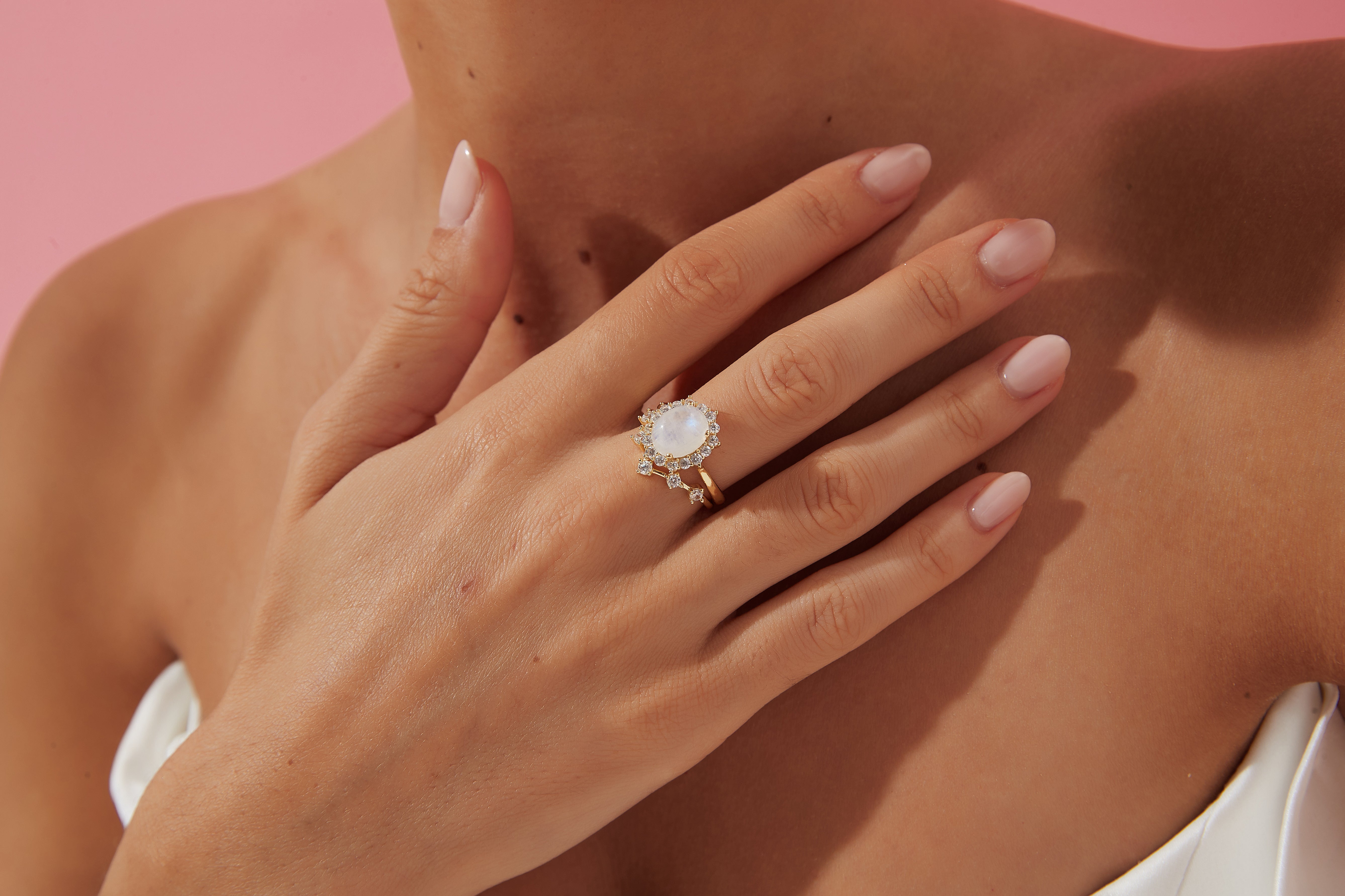 【SELENE SET】Unique Handmade Natural Blue Moonstone Engagement Ring Set 2pcs Oval Shape 3ct