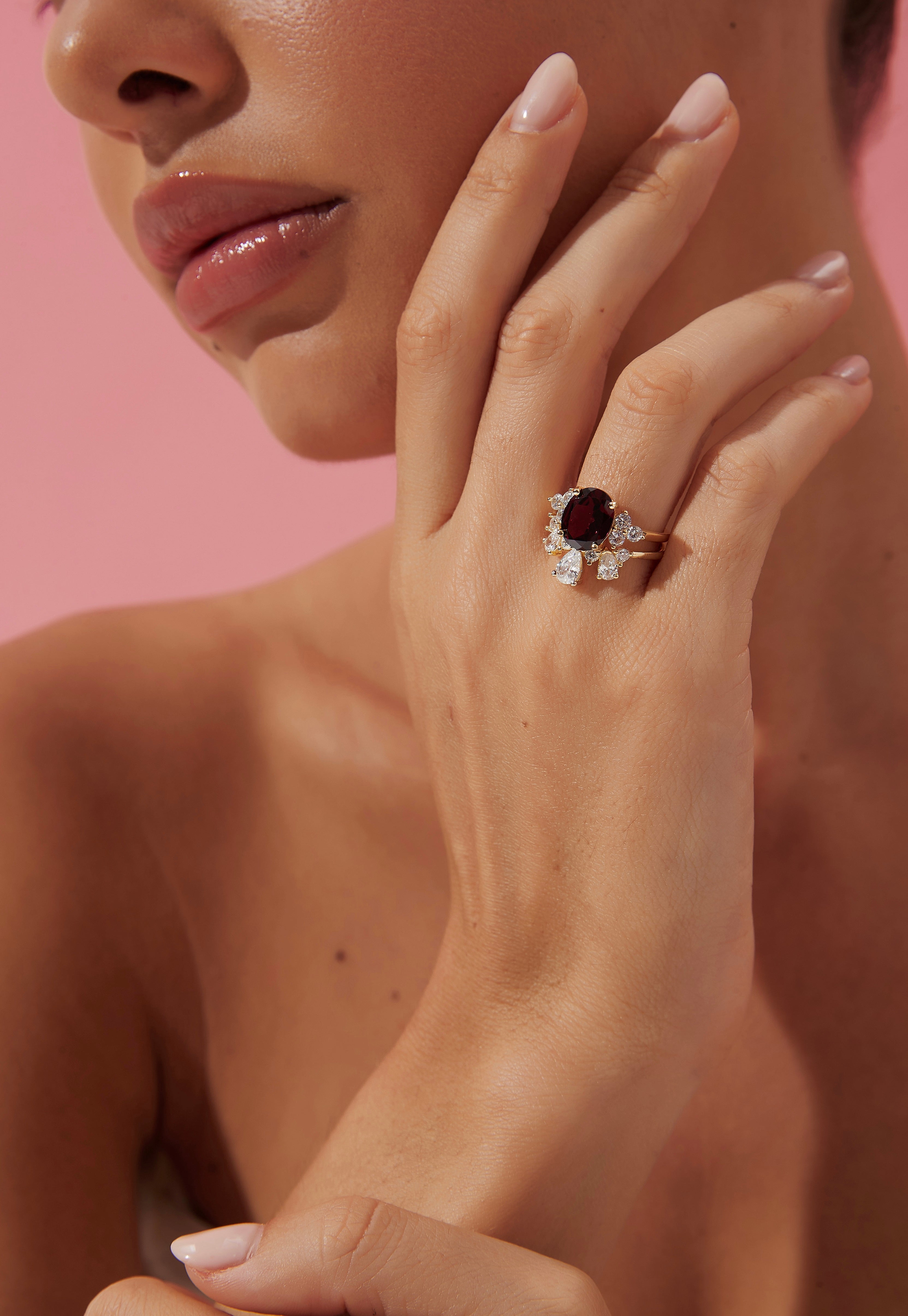 【CARMEN】Handmade Natural Rhodolite Garnet Engagement Ring 3ct Oval Shape