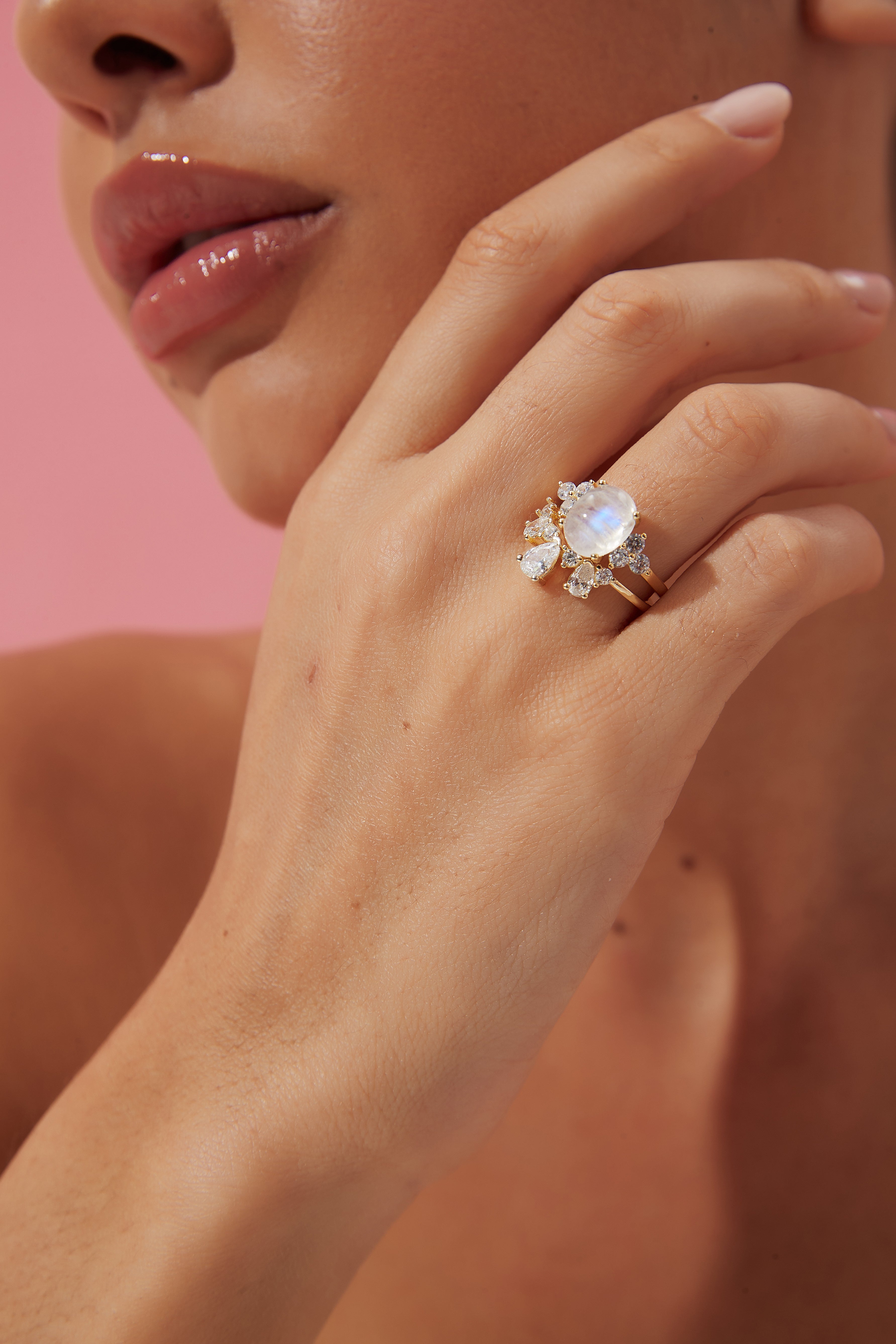 【DIANA SET】Unique Handmade Natural Blue Moonstone Engagement Ring Set 2pcs 3ct Oval Shape