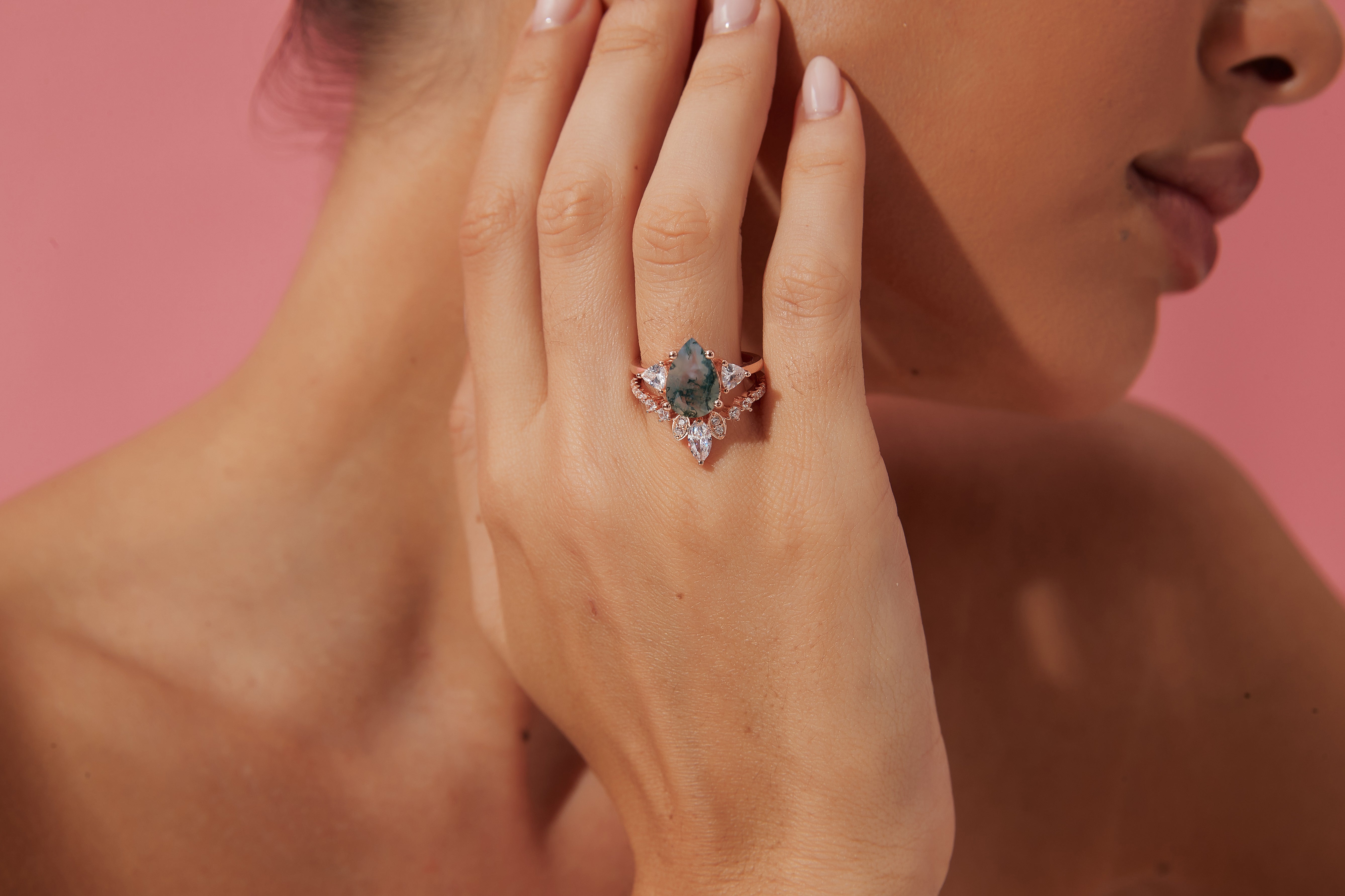 【HAZEL SET】Unique Handmade Natural Moss Agate Engagement Ring Set 2pcs 3ct Pear Shape