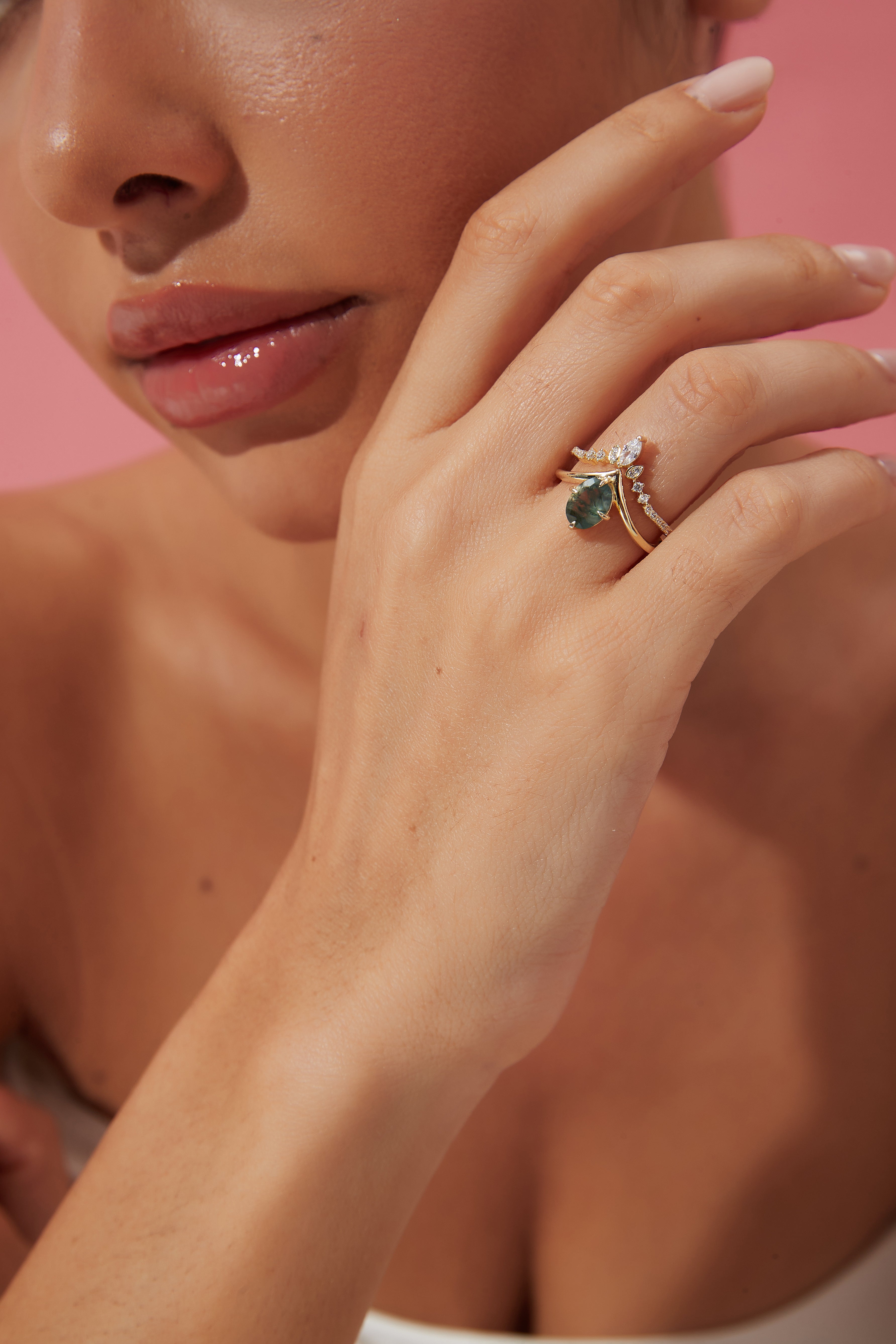 【JADE SET】Unique Handmade Natural Moss Agate Engagement Ring Set 2pcs Oval Shape 1.5ct