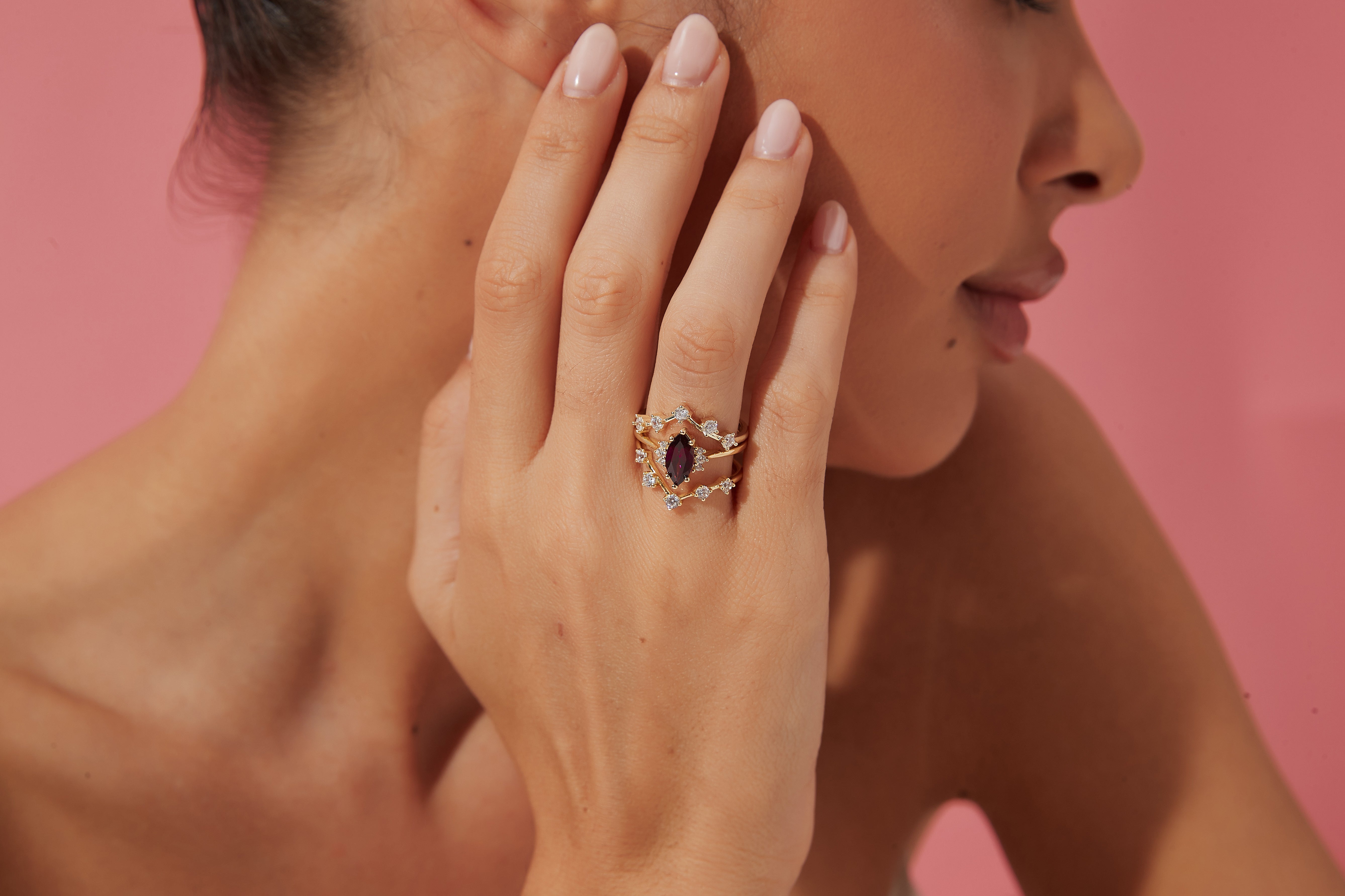 【Octavia SET】Handmade Natural Rhodolite Garnet Engagement Ring Set 3pcs Marquise Shape 1ct