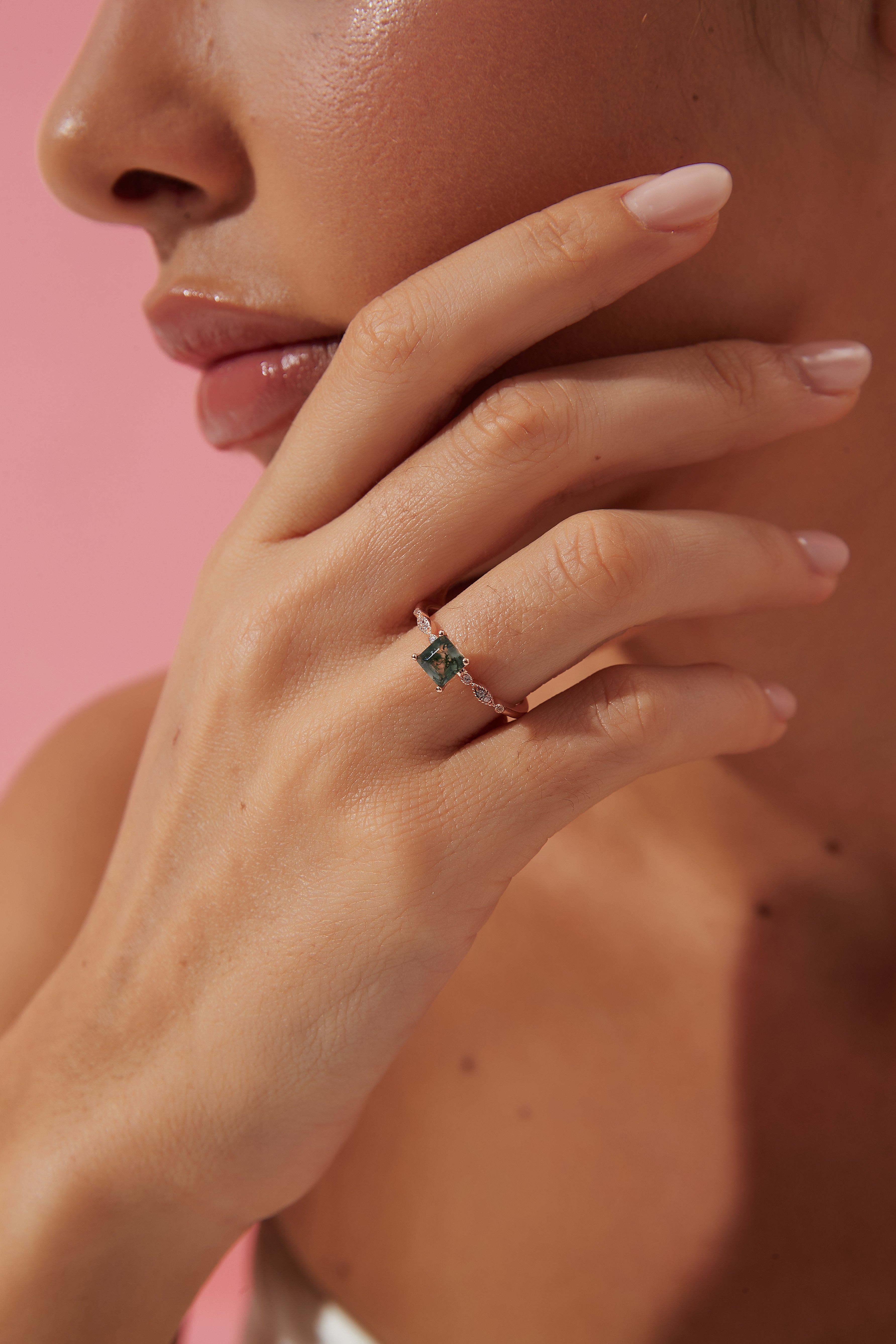 【OPHELIA SET】Unique Handmade Natural Moss Agate Engagement Ring Set 3pcs 0.75ct Princess Cut