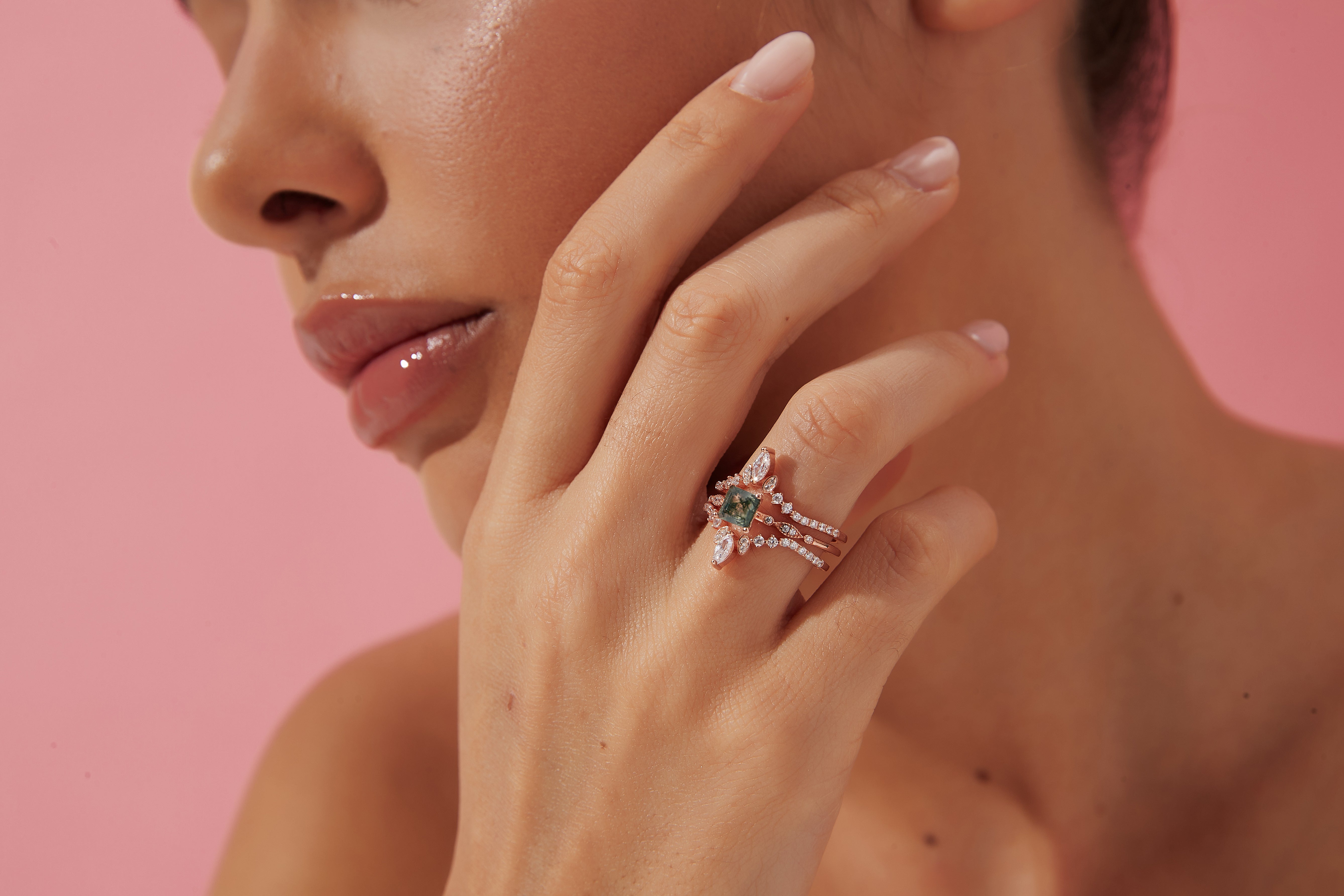 【OPHELIA SET】Unique Handmade Natural Moss Agate Engagement Ring Set 3pcs 0.75ct Princess Cut