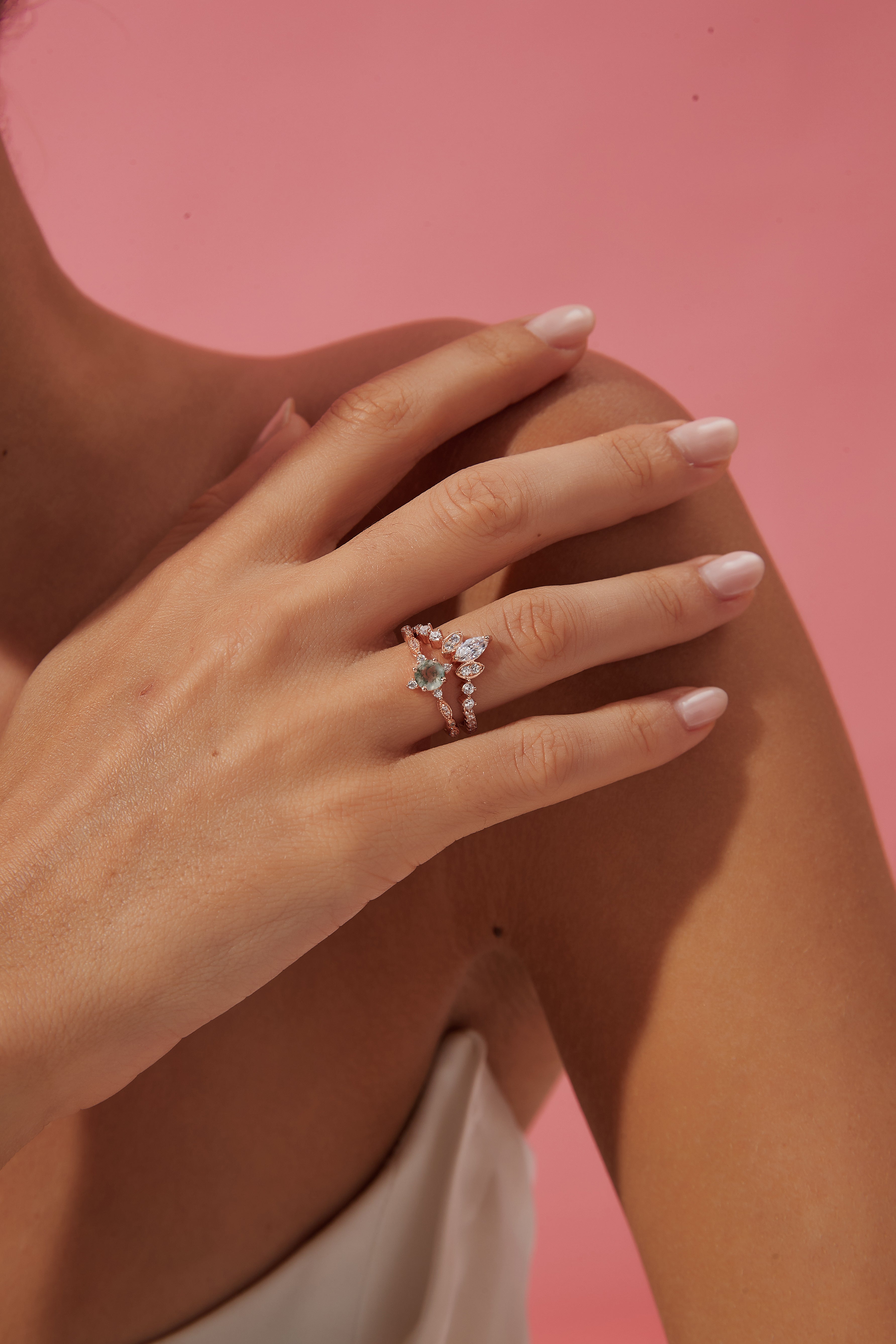 【Coralie Set】Unique Handmade Natural Moss Agate Engagement Ring Set 2pcs 0.5ct Round Shape