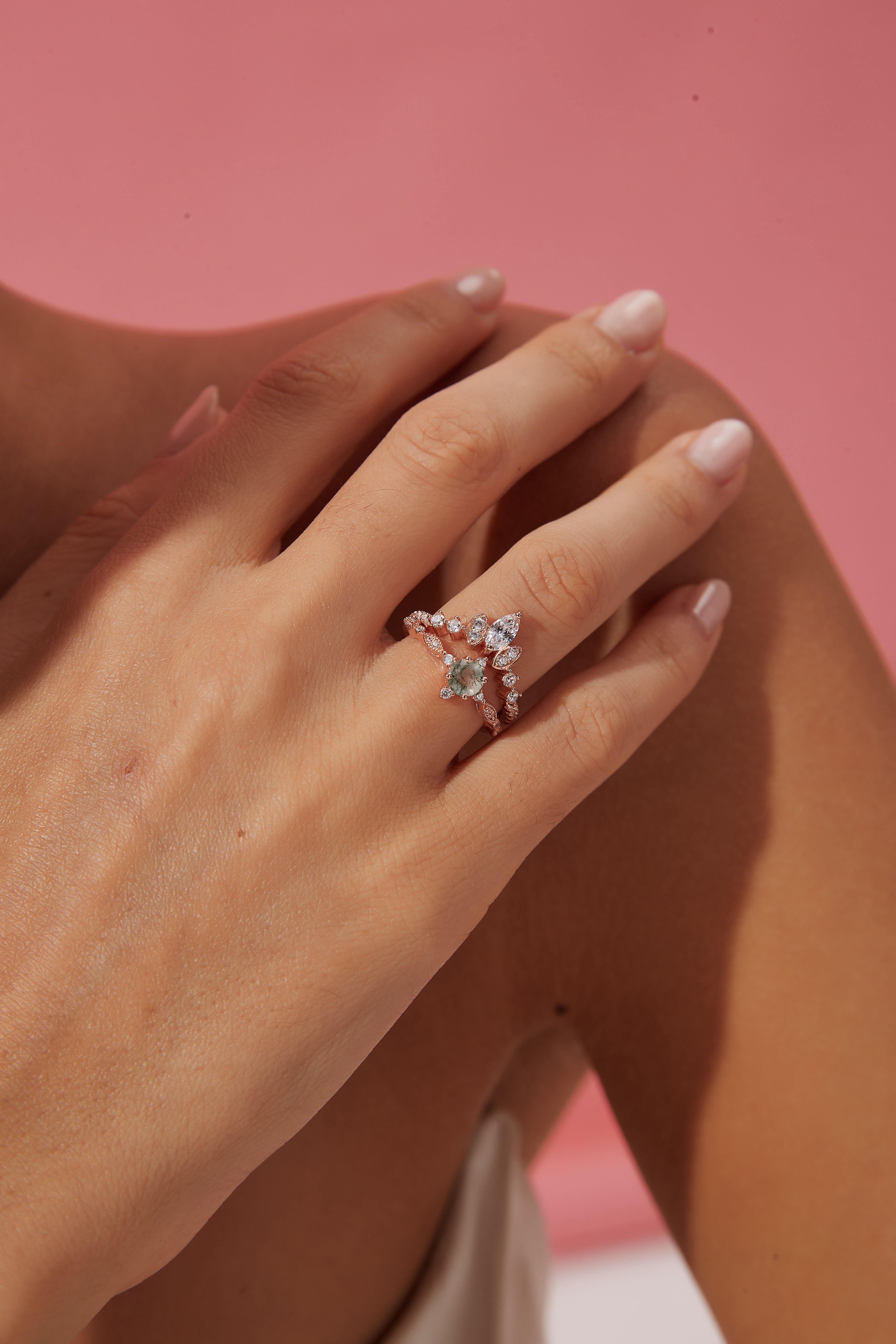 【Coralie】Unique Handmade Natural Moss Agate Engagement Ring 0.5ct Round Shape