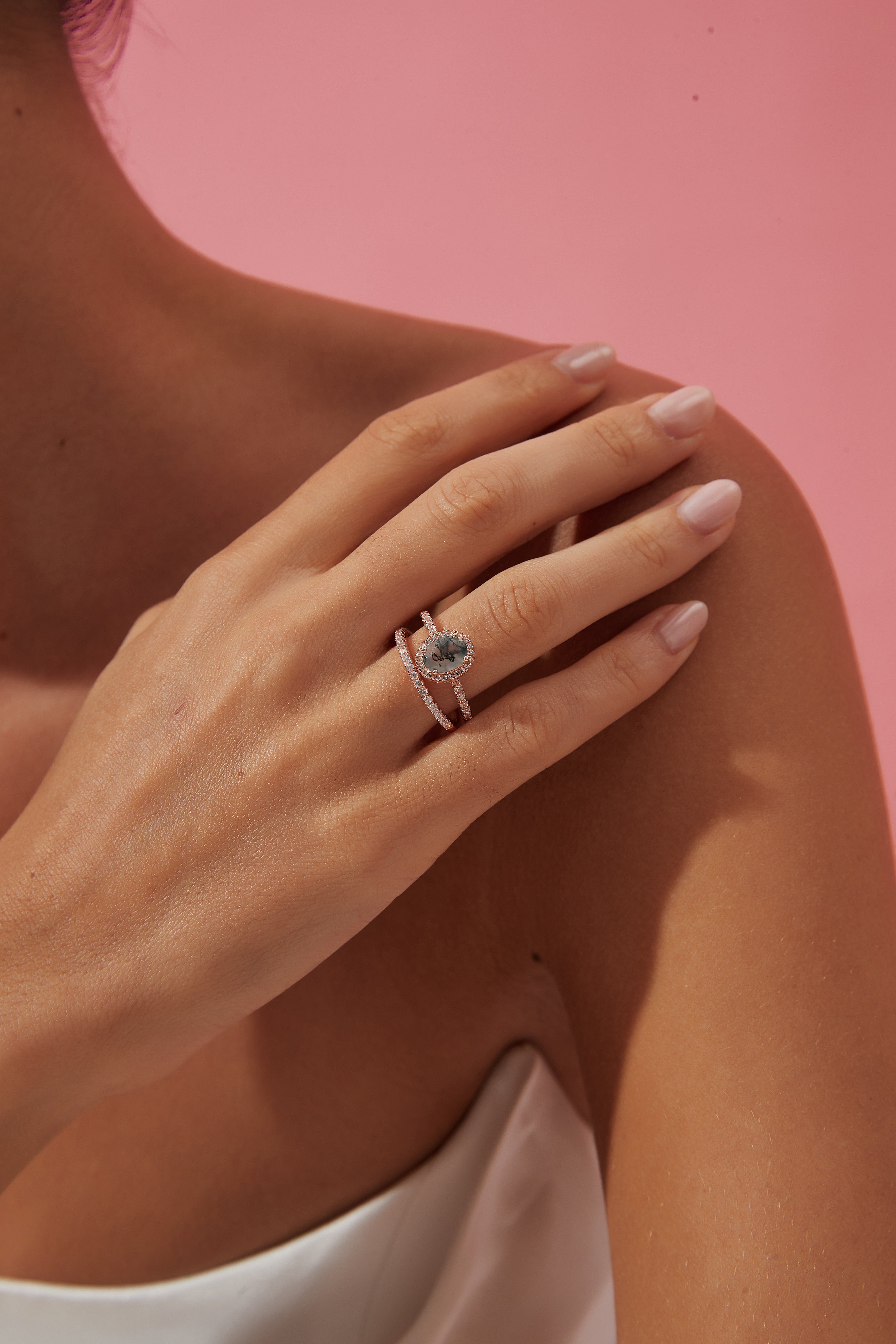 【Enchanted Grovec Set】Unique Handmade Natural Moss Agate Engagement Ring Set 2pcs 1.5ct Oval Shape