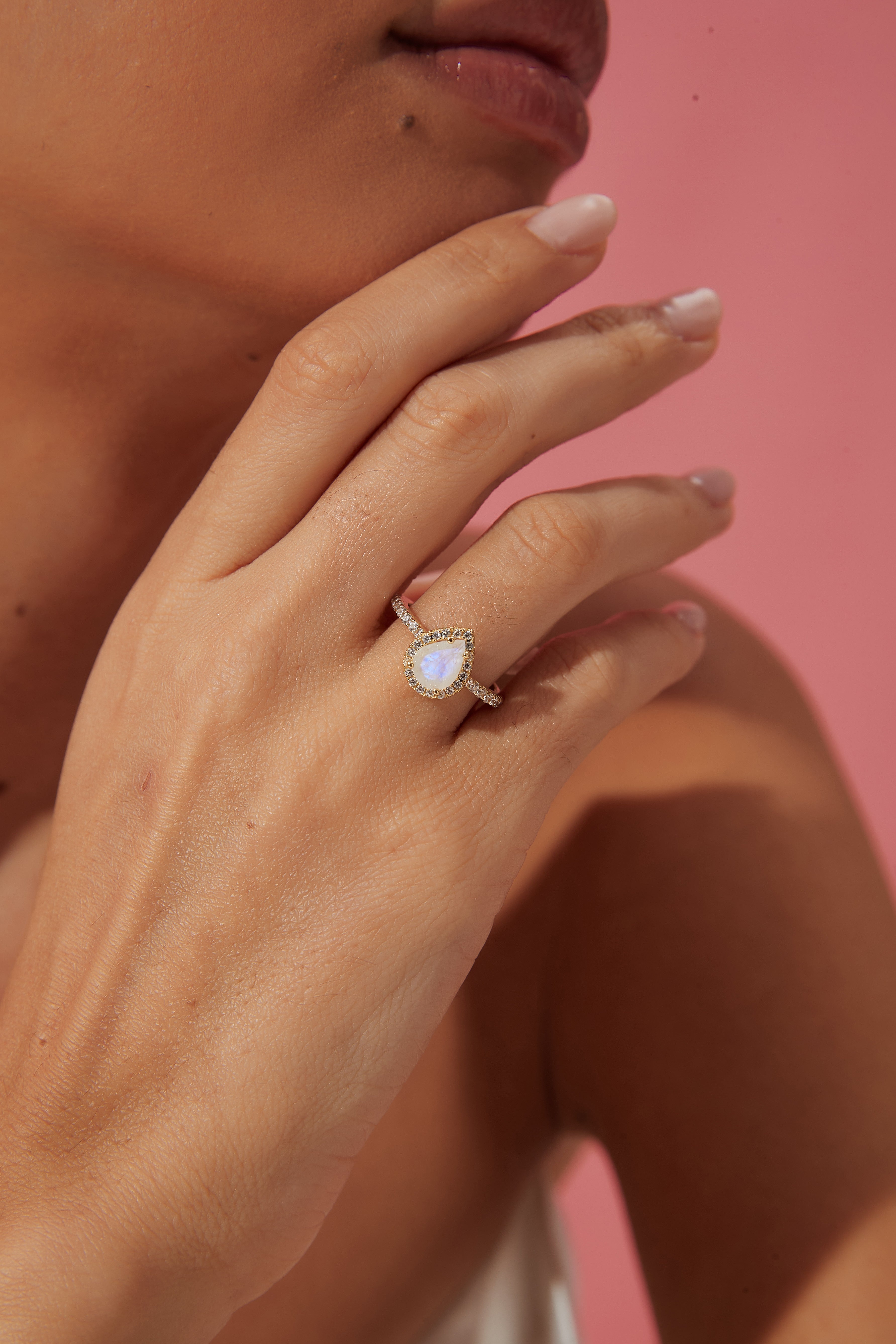 【Moonlit】Unique Handmade Natural Blue Moonstone Engagement Ring 0.8ct Pear Shape