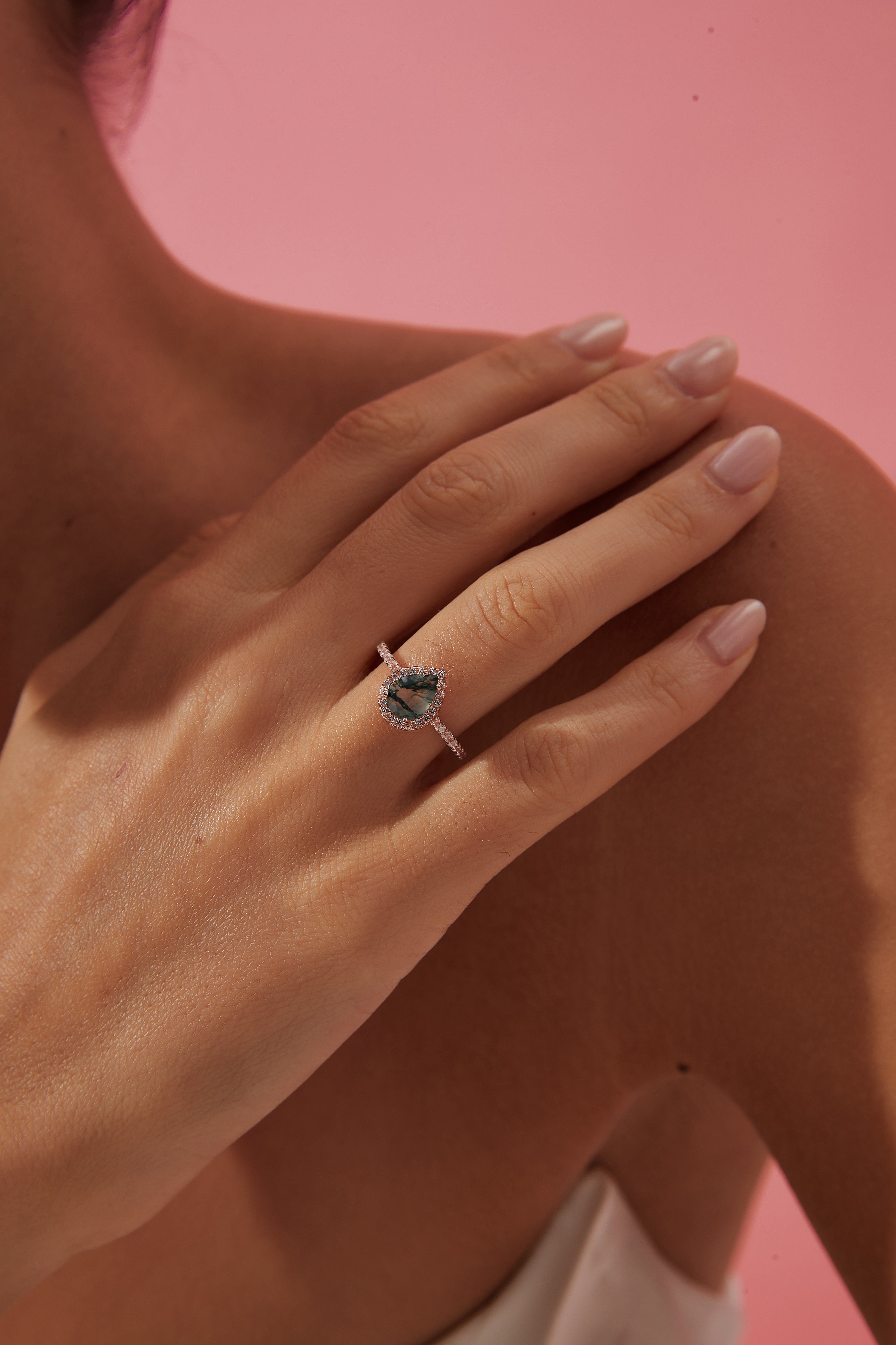 【Verdian】Unique Handmade Natural Moss Agate Engagement Ring 0.8ct Pear Shape