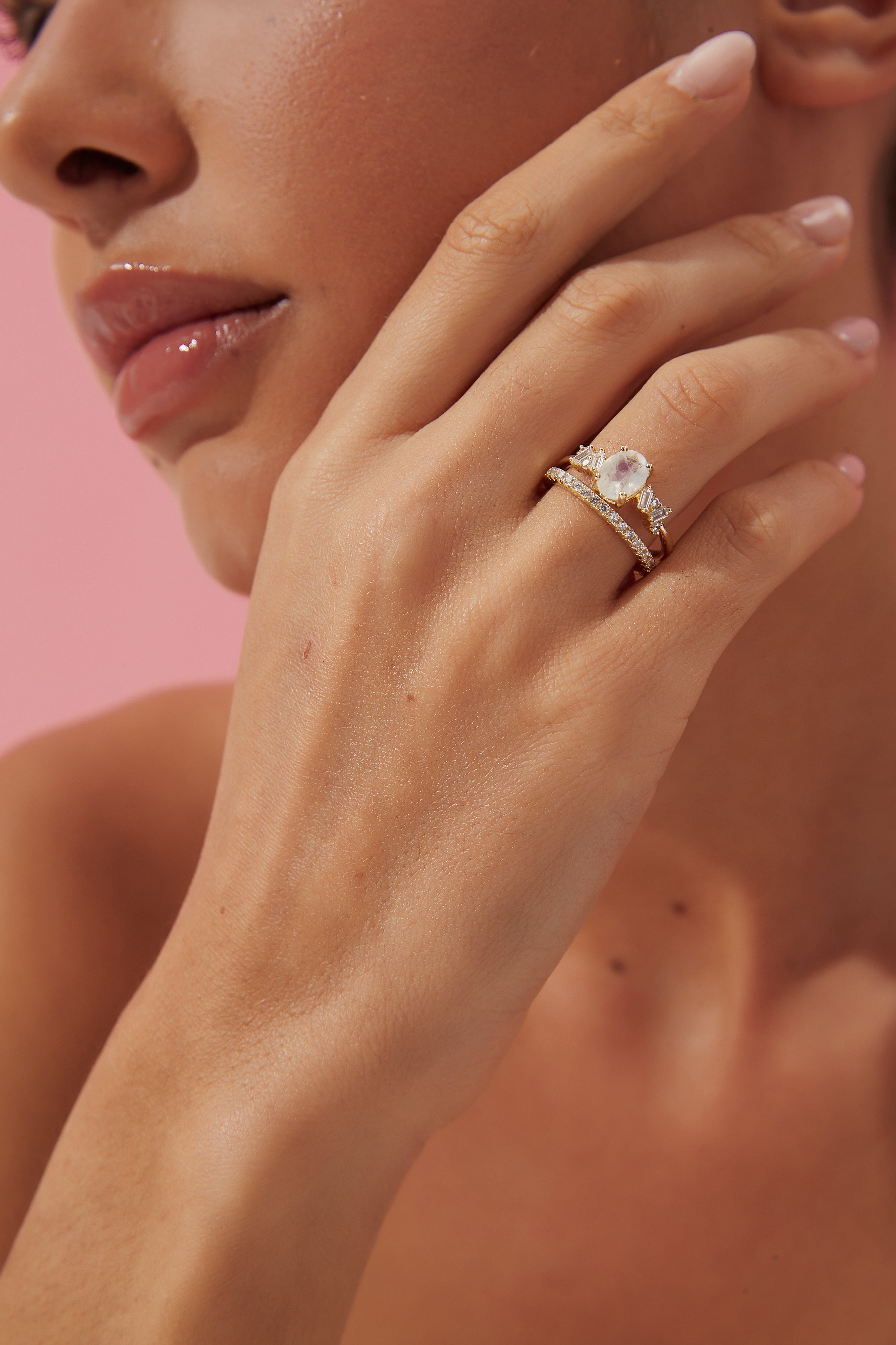 【Moonbeam Set】Unique Handmade Natural Blue Moonstone Engagement Ring Set 2pcs 1.5ct Oval Shape