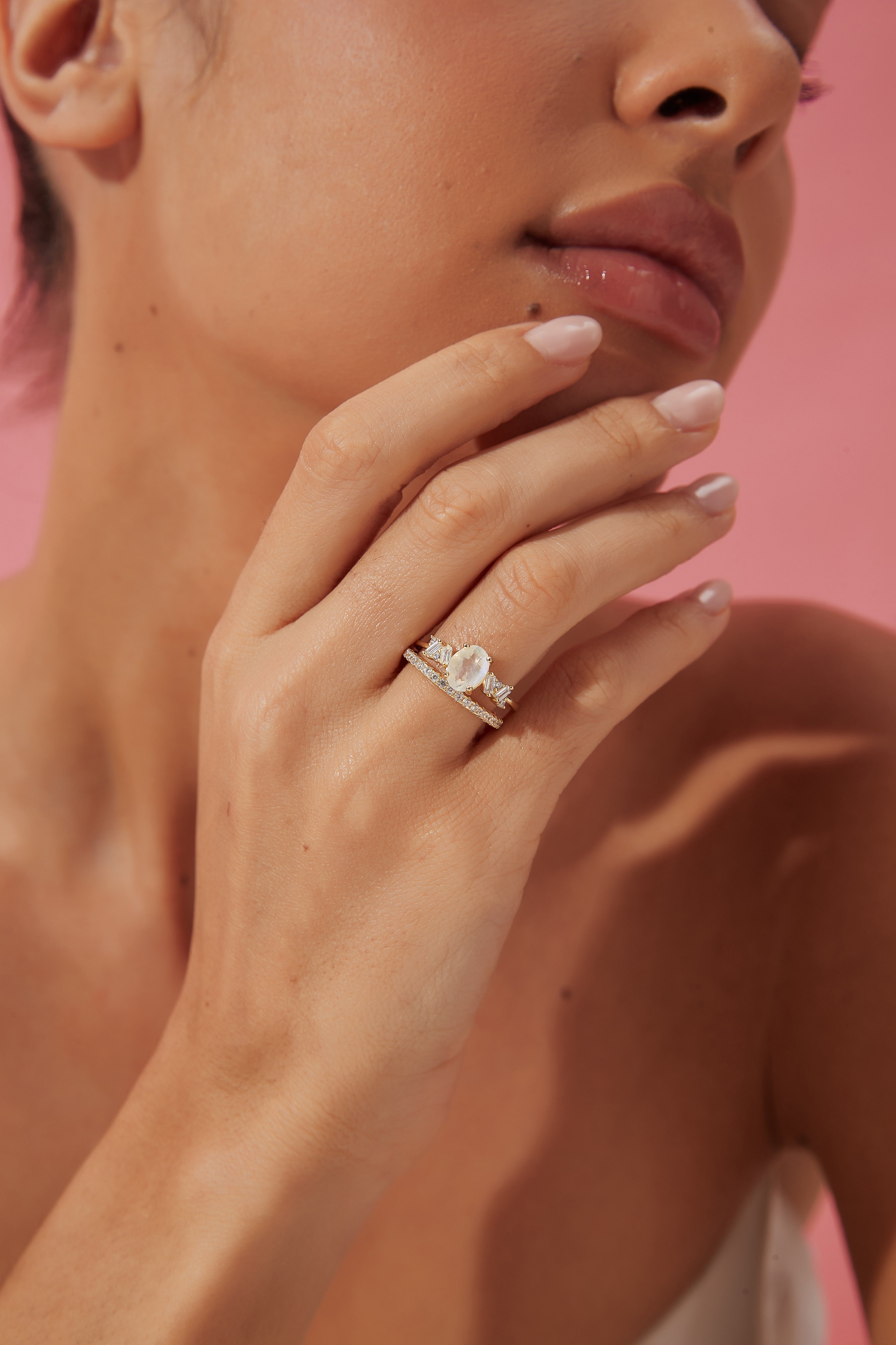 【Moonbeam Set】Unique Handmade Natural Blue Moonstone Engagement Ring Set 2pcs 1.5ct Oval Shape