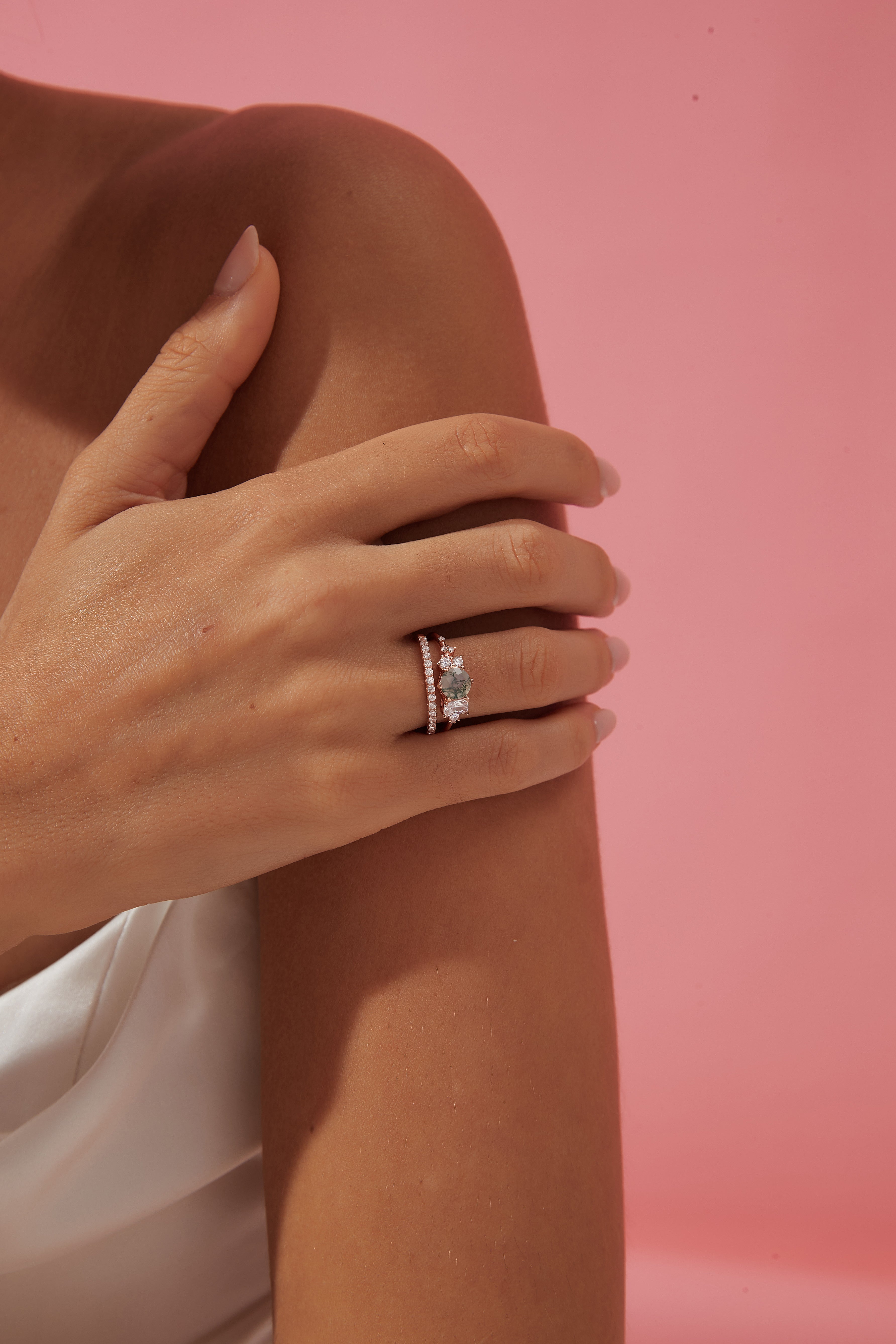 【Veridia Cascade】Unique Handmade Natural Moss Agate Engagement Ring 0.8ct Round Shape