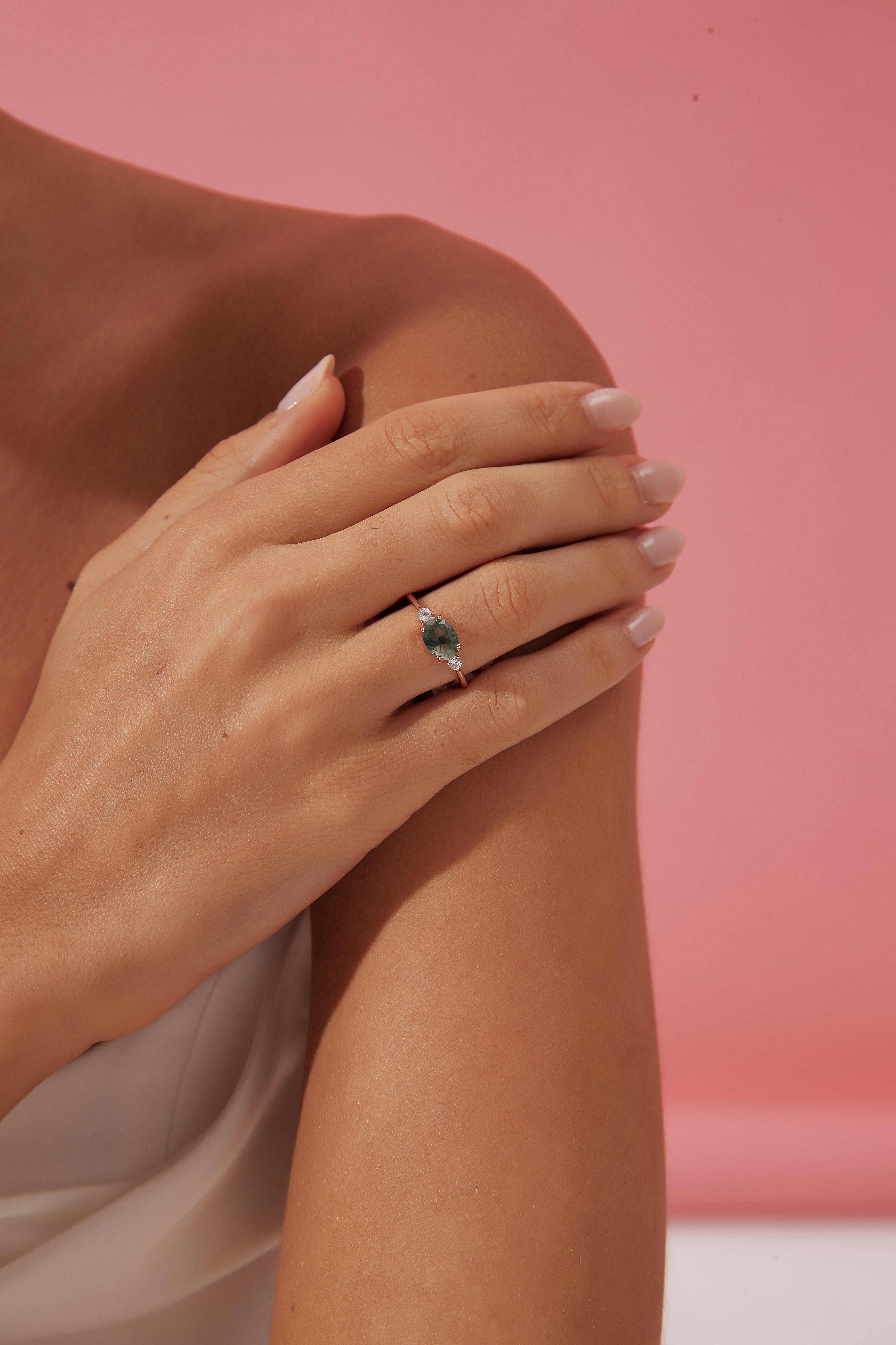 【Ethereal Veil】Unique Handmade Natural Moss Agate Engagement Ring 1.5ct Oval Shape