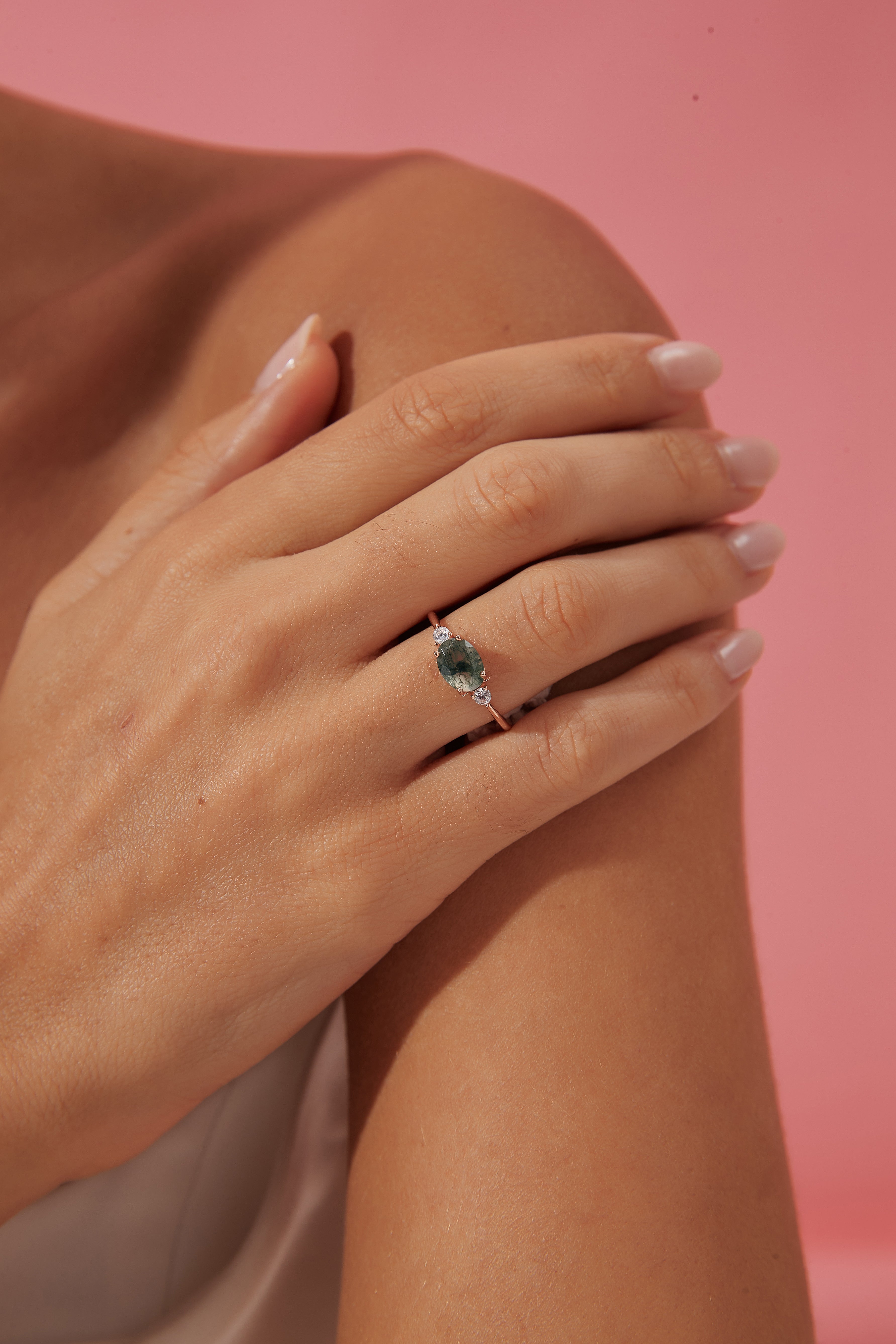 【Ethereal Veil】Unique Handmade Natural Moss Agate Engagement Ring 1.5ct Oval Shape