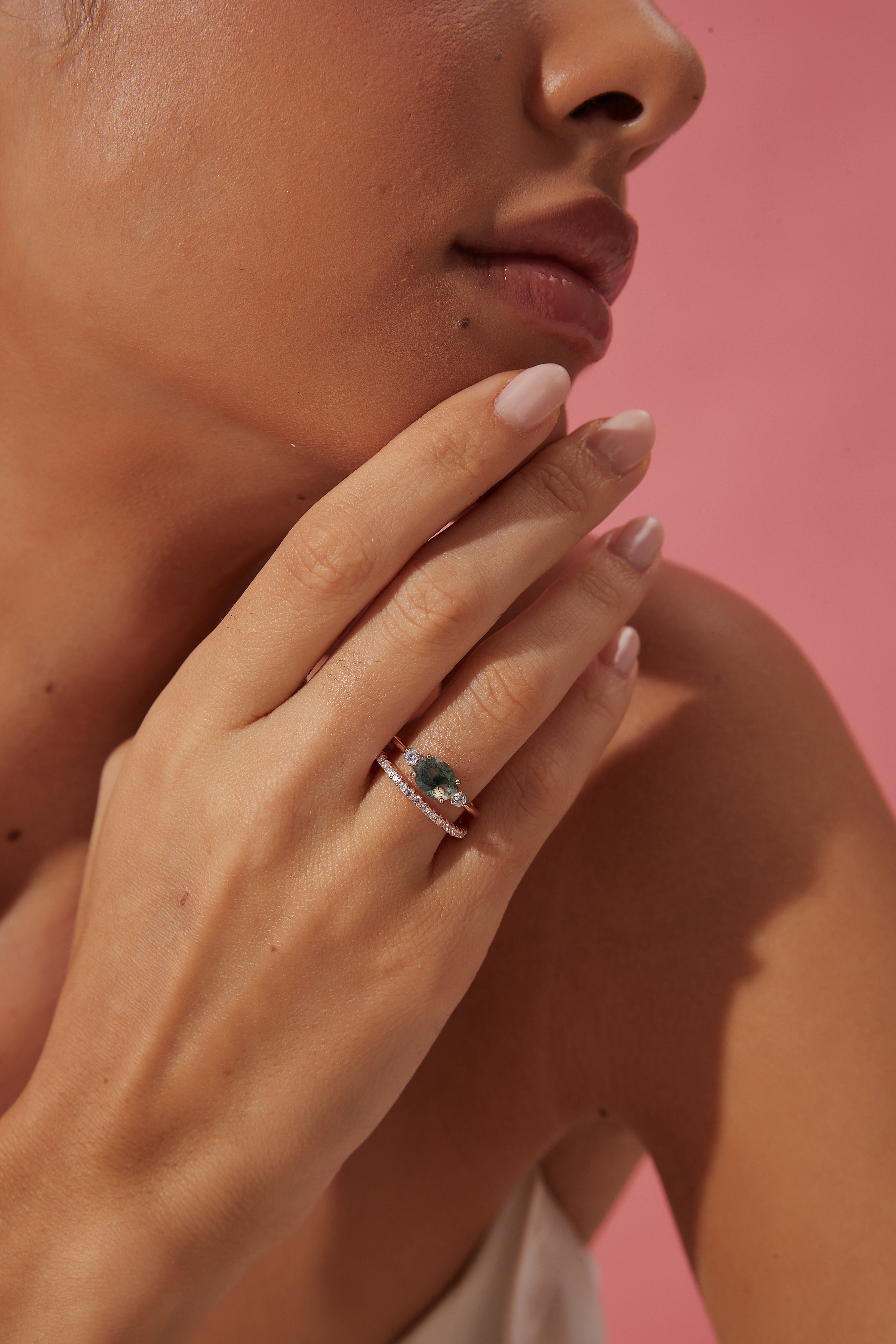 【Ethereal Veil Set】Unique Handmade Natural Moss Agate Engagement Ring Set 2pcs 1.5ct Oval Shape