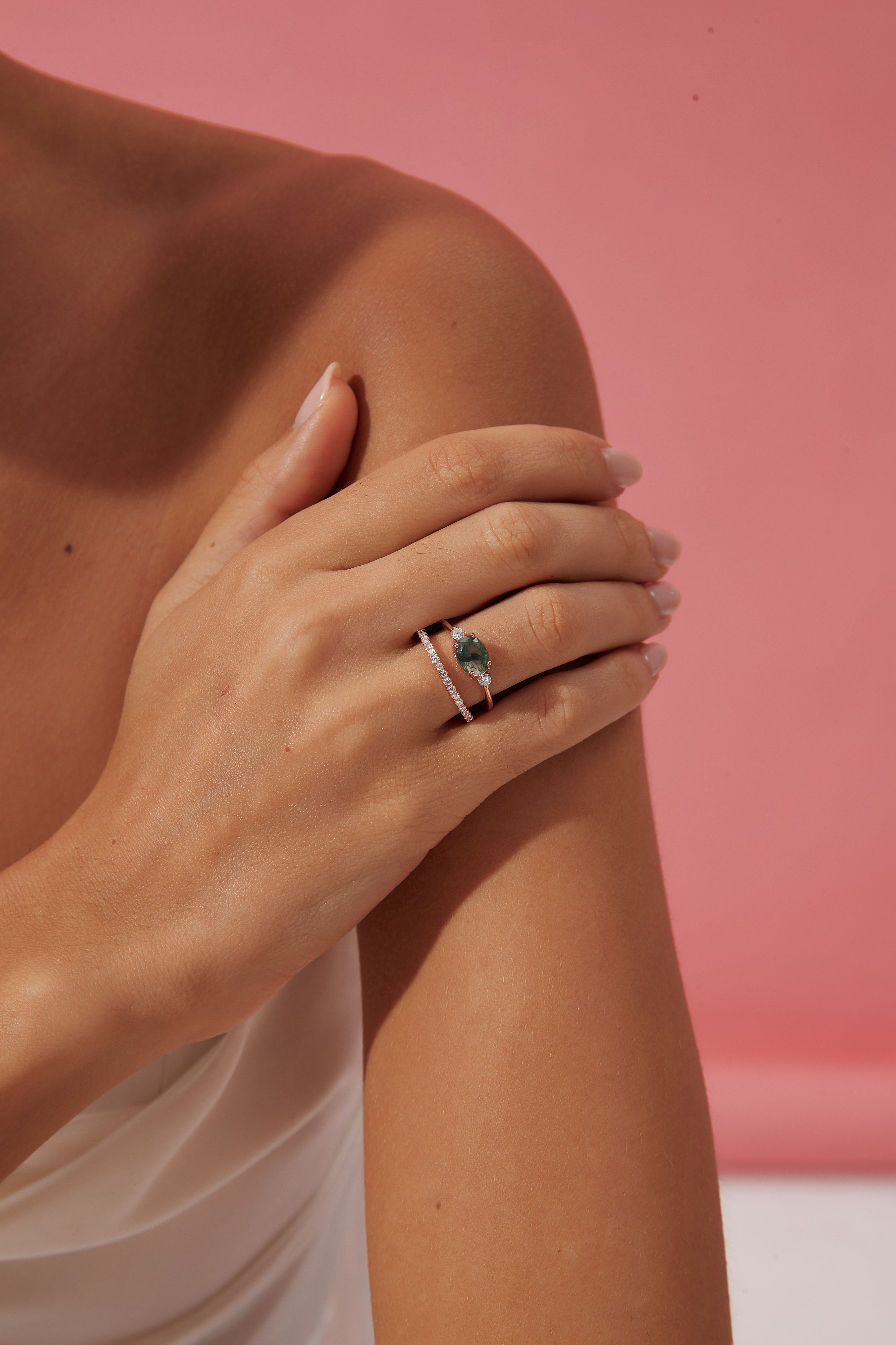 【Ethereal Veil Set】Unique Handmade Natural Moss Agate Engagement Ring Set 2pcs 1.5ct Oval Shape