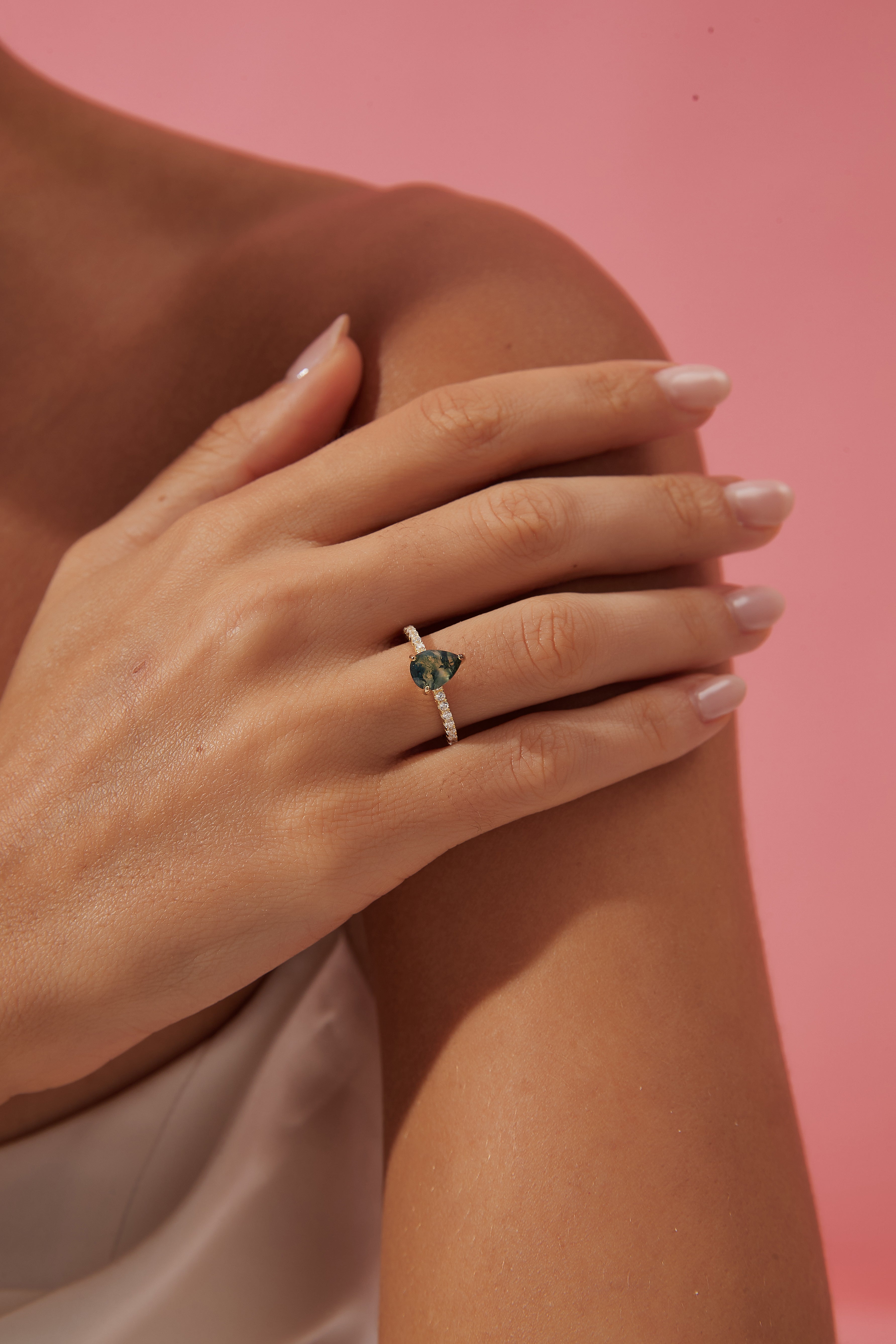 【Naiad】Unique Handmade Natural Moss Agate Engagement Ring 0.8ct Pear Shape