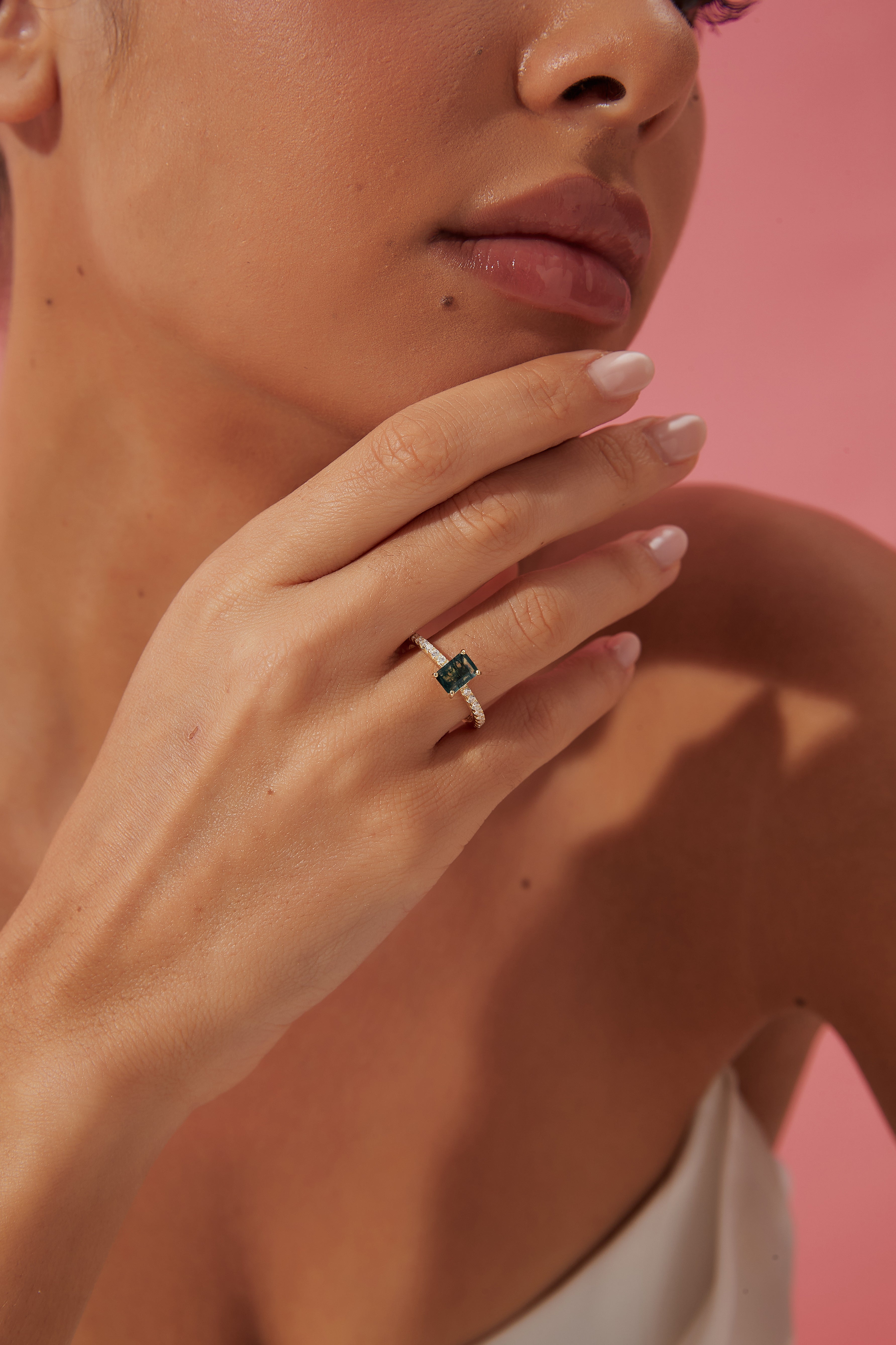 【Laguna】Unique Handmade Natural Moss Agate Engagement Ring 1ct Baguette Shape