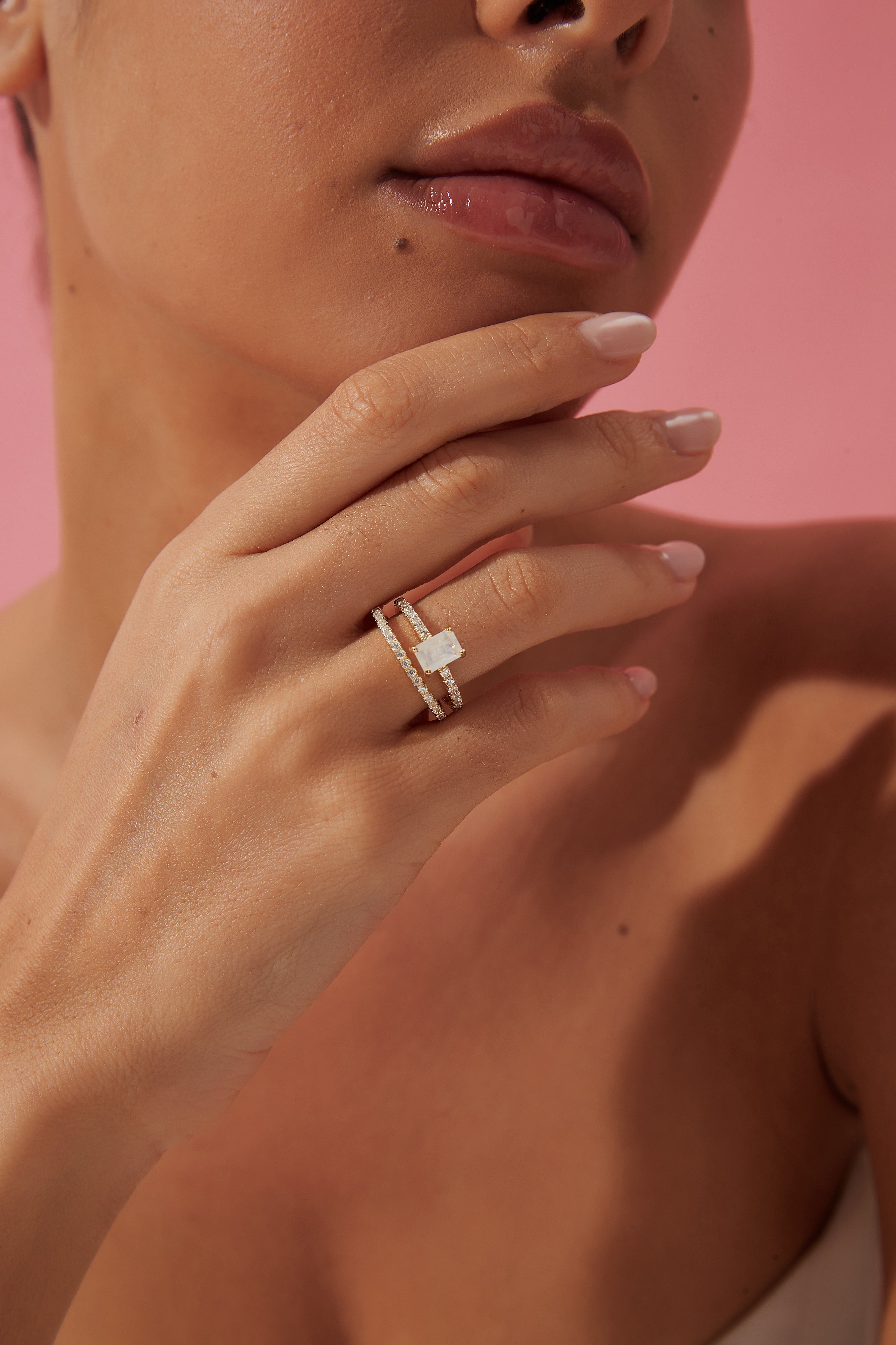 【Iris】Unique Handmade Natural Blue Moonstone Engagement Ring 1ct Baguette Shape