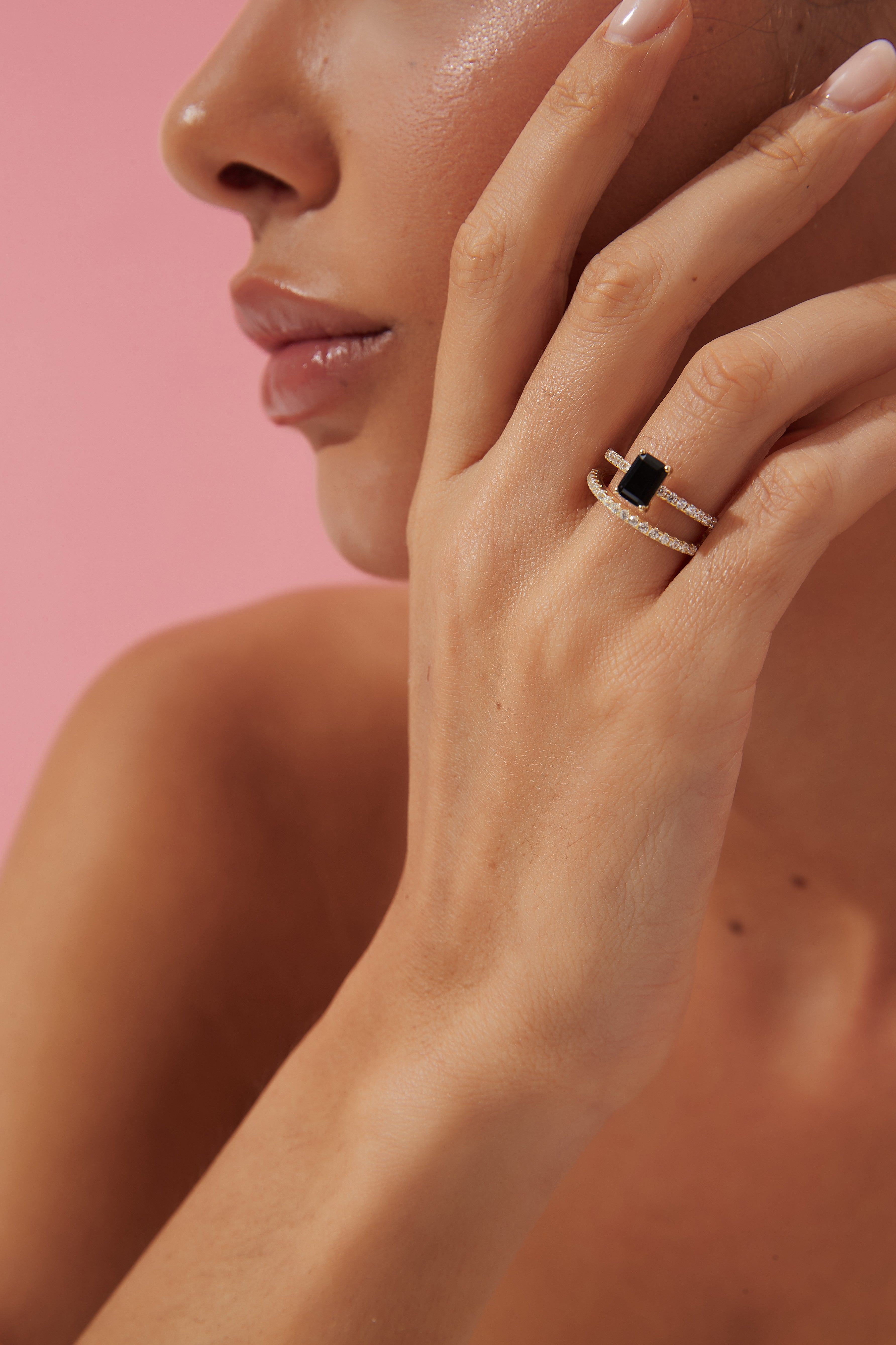 【Onyx Summetry】Handmade Natural Black Onyx Engagement Ring 1ct Baguette Shape