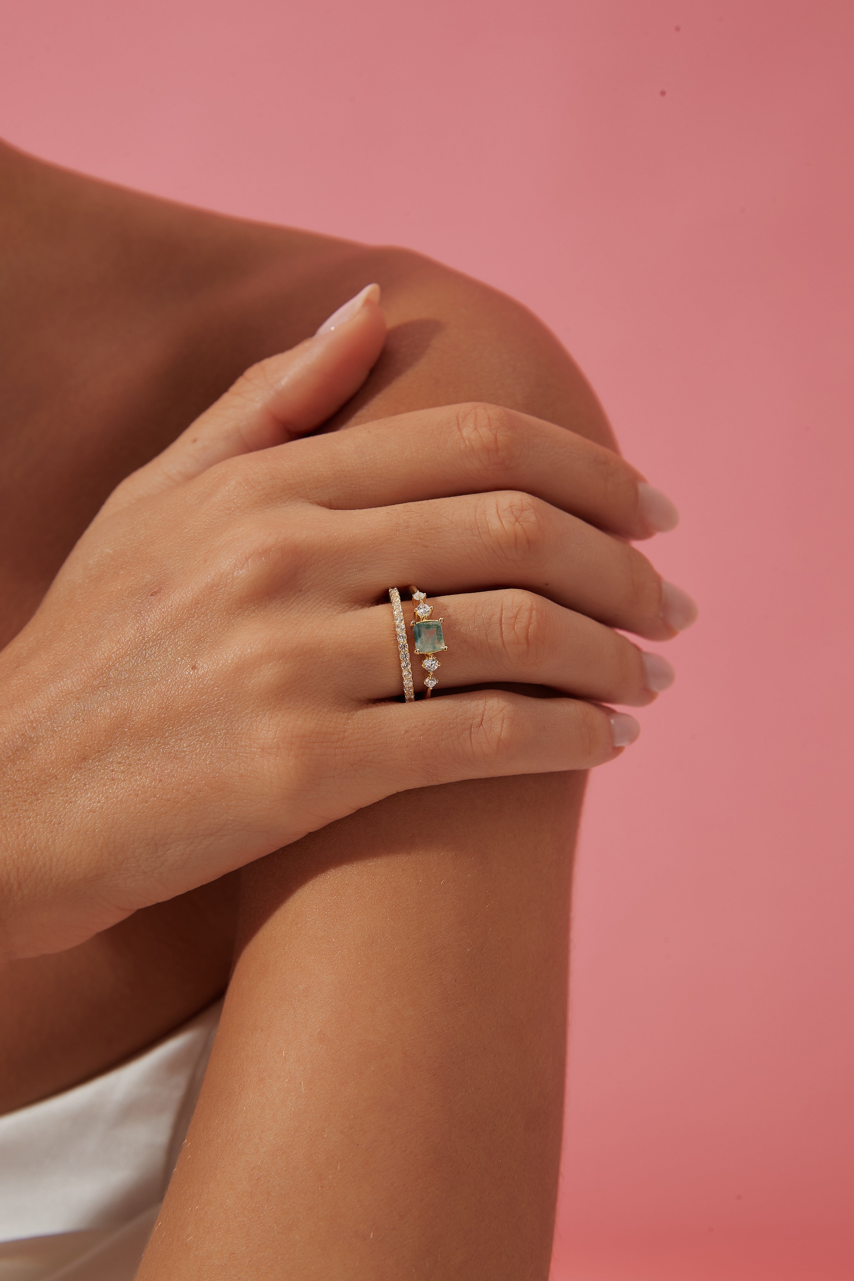 【Verdanite Garden】Unique Handmade Natural Moss Agate Engagement Ring 0.75ct Princess Shape