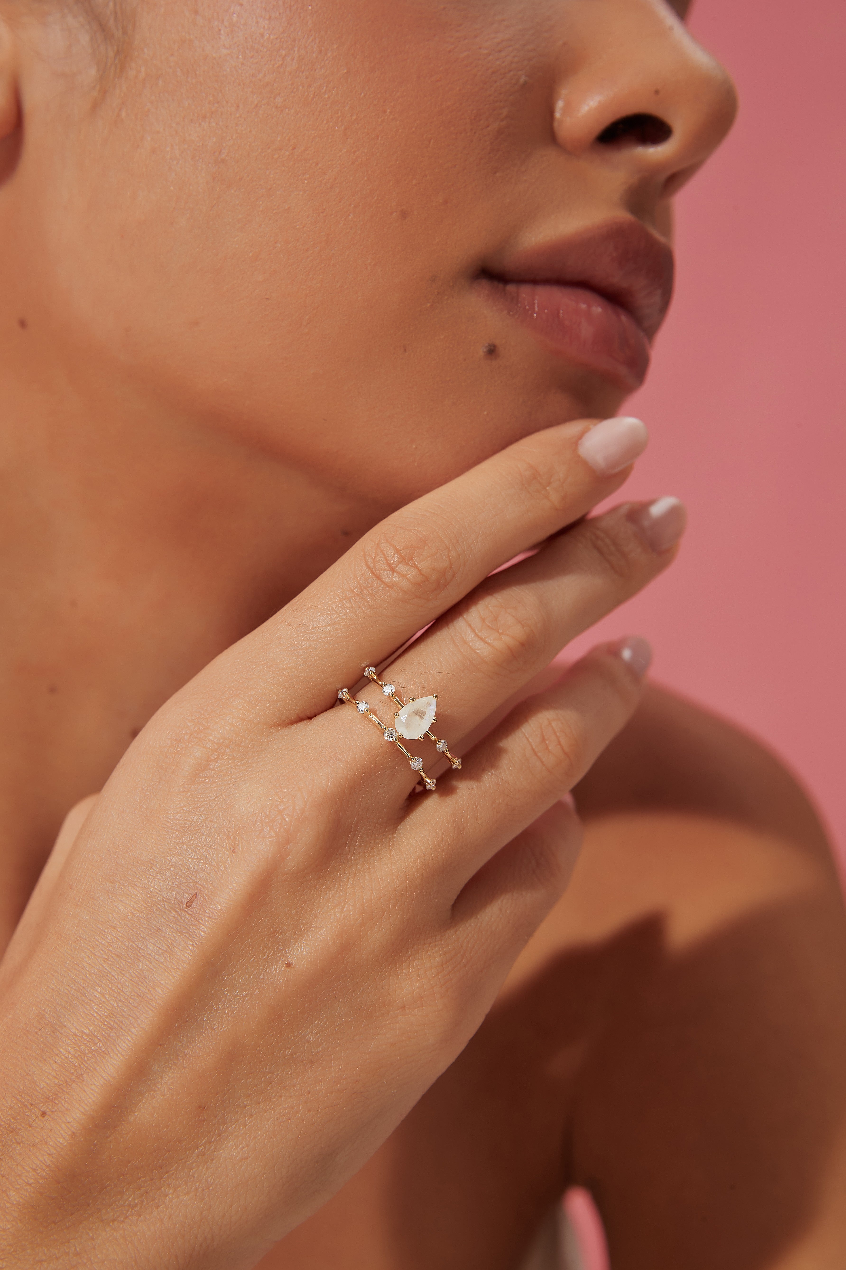 【Soulmate Set】Unique Handmade Natural Blue Moonstone Engagement Ring Set 2pcs 0.75ct Pear Shape