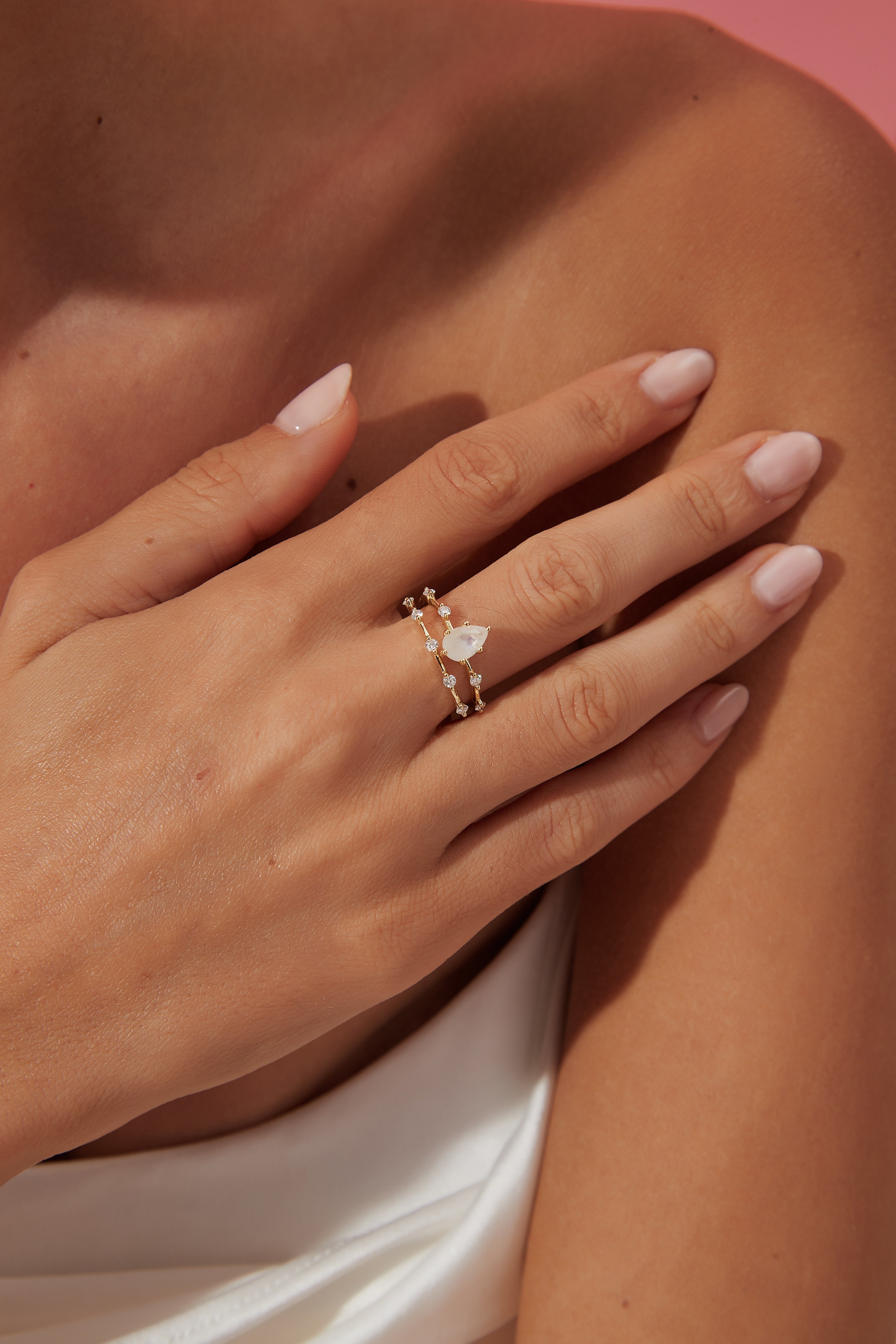 【Soulmate Set】Unique Handmade Natural Blue Moonstone Engagement Ring Set 2pcs 0.75ct Pear Shape