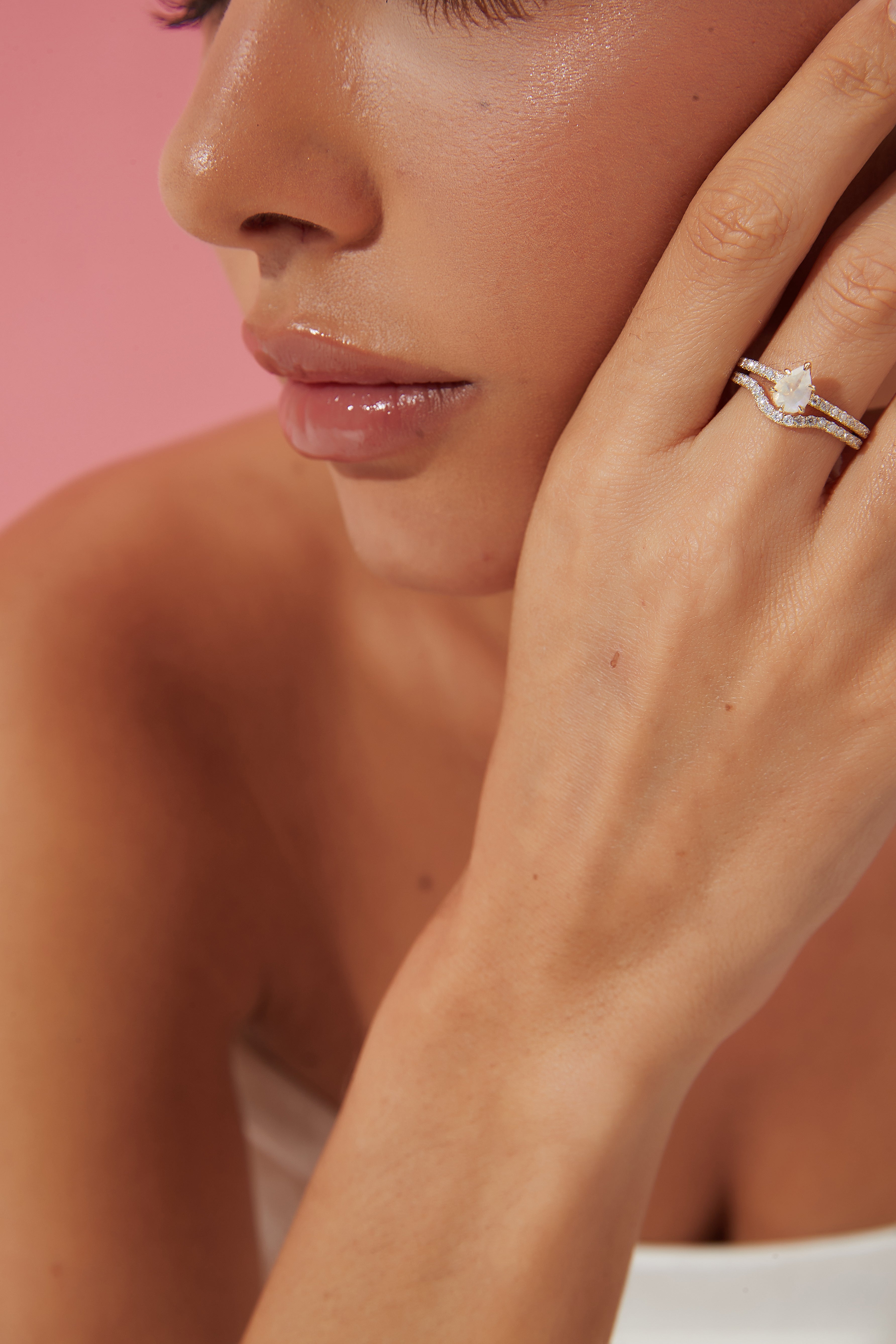 【Serenade Solitaire】Unique Handmade Natural Blue Moonstone Engagement Ring Set 2pcs 0.7ct Pear Shape