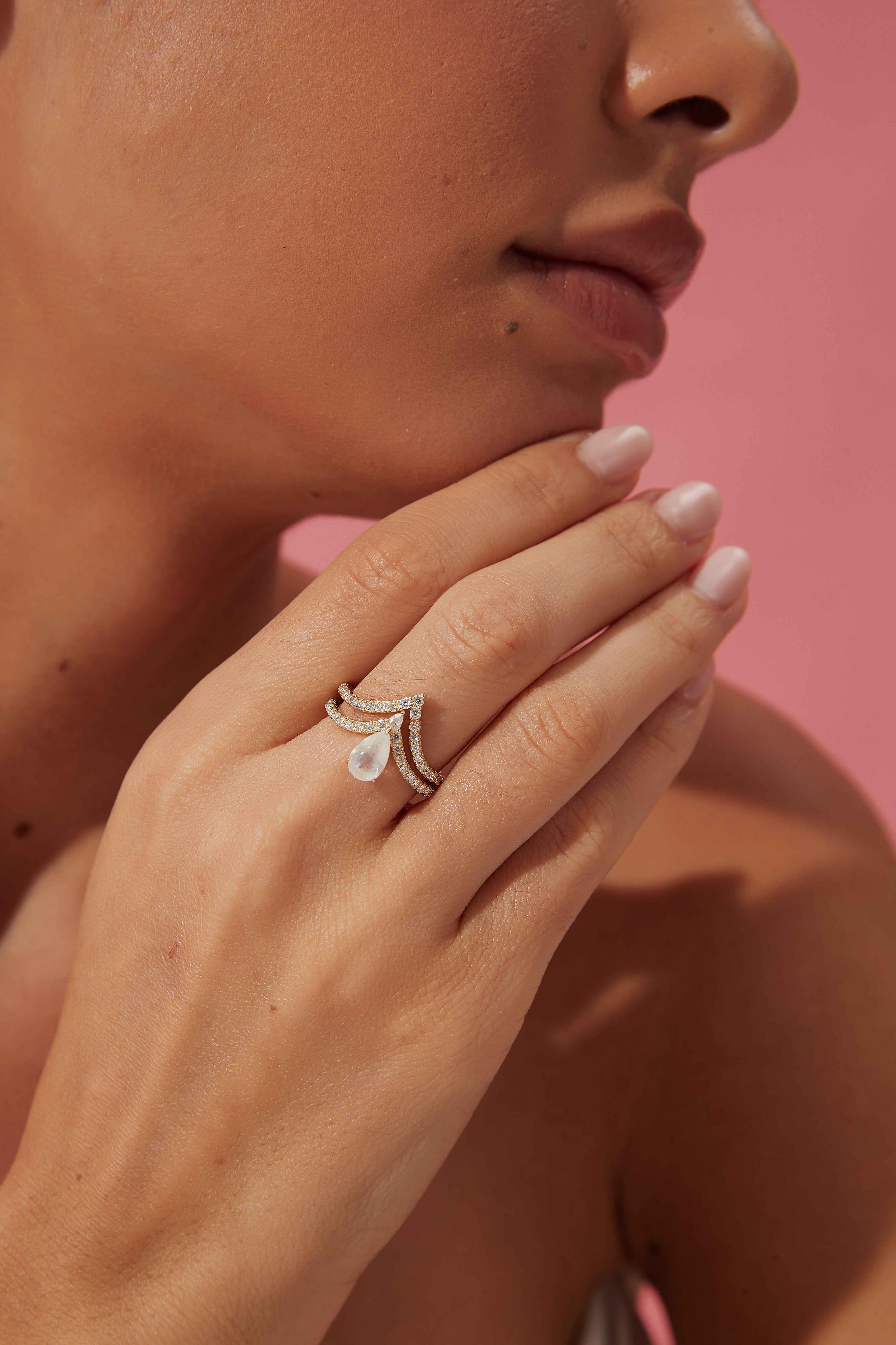 【Lumina Vow】Unique Handmade Natural Blue Moonstone Engagement Ring Set 2pcs 0.7ct Pear Shape