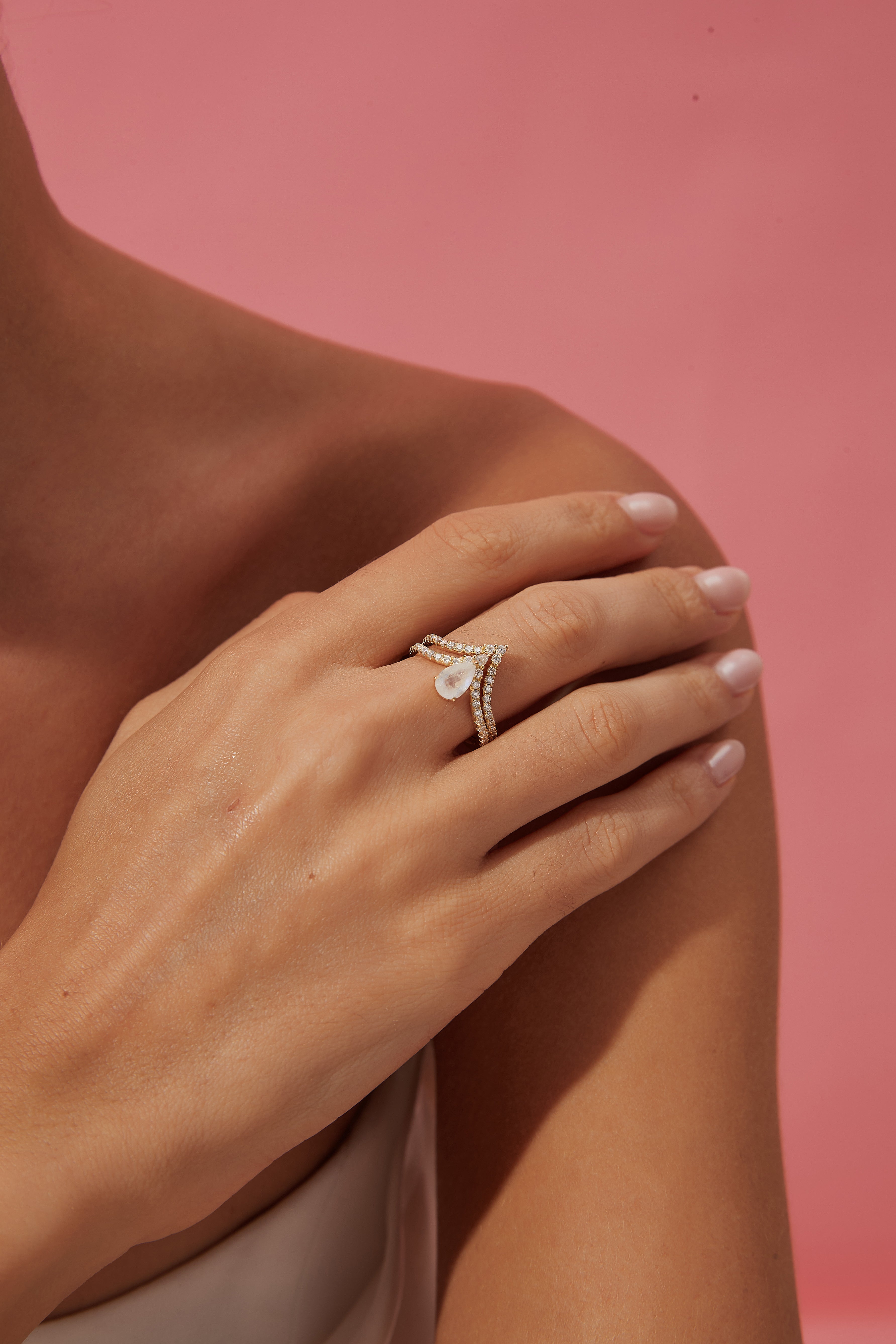 【Lumina Vow】Unique Handmade Natural Blue Moonstone Engagement Ring Set 2pcs 0.7ct Pear Shape