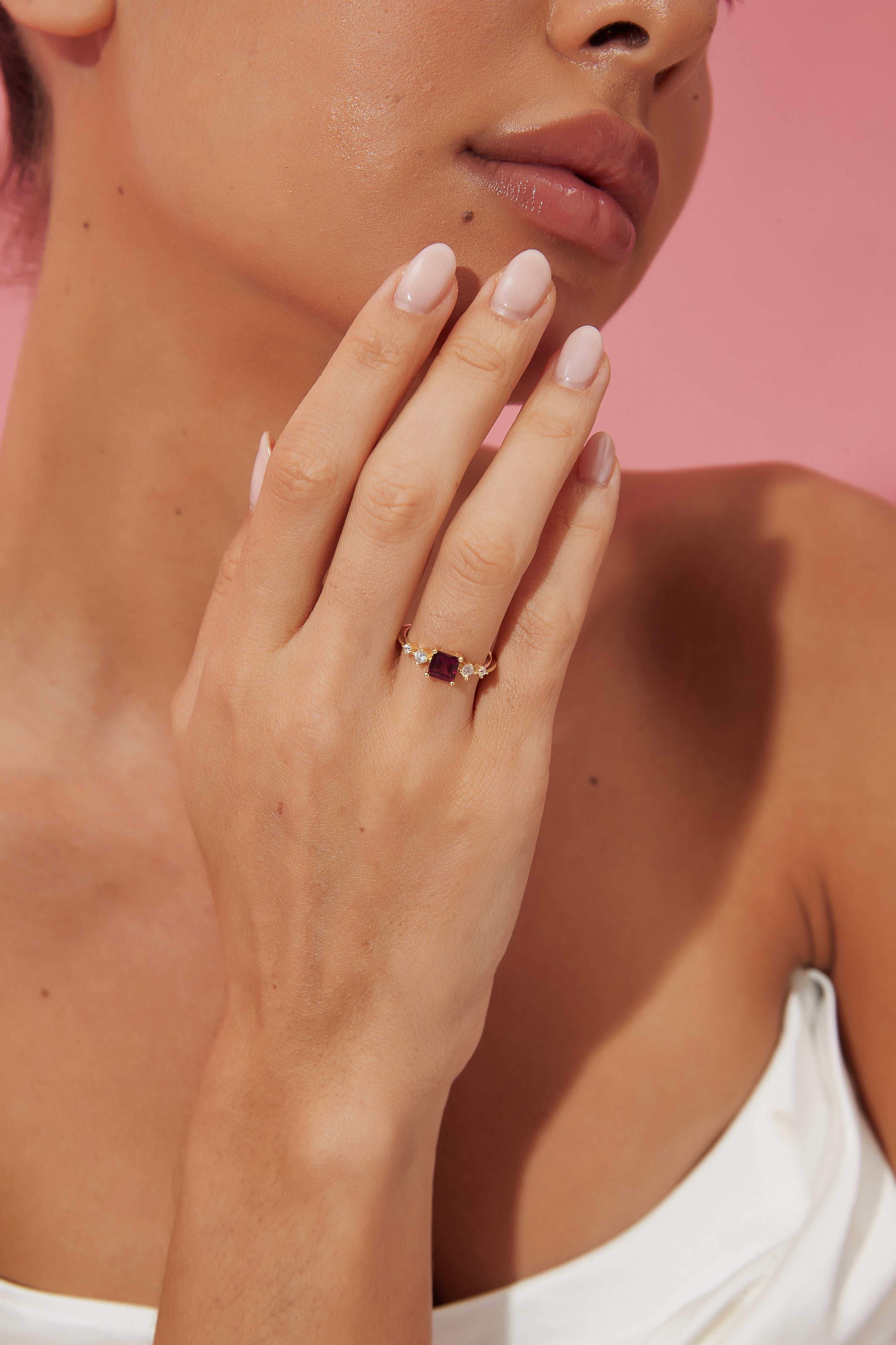 【Rosalind】Unique Handmade Natural Rhodolite Garnet Engagement Ring 0.75ct Princess Shape