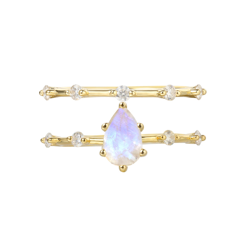 【Soulmate Set】Unique Handmade Natural Blue Moonstone Engagement Ring Set 2pcs 0.75ct Pear Shape