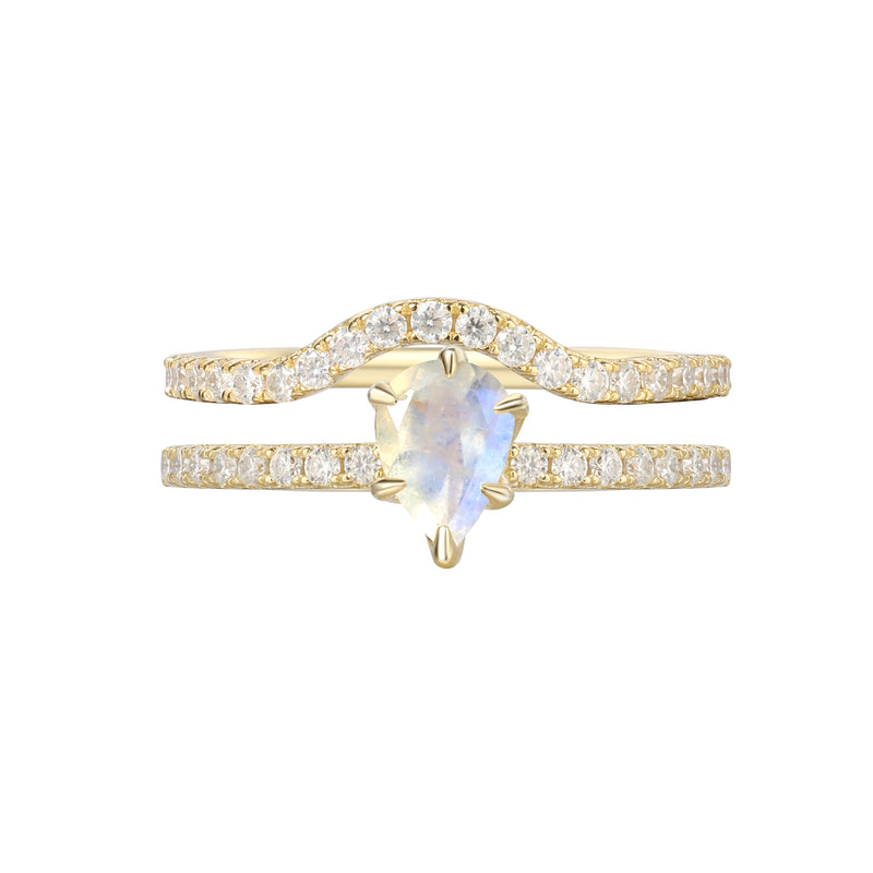 【Serenade Solitaire】Unique Handmade Natural Blue Moonstone Engagement Ring Set 2pcs 0.7ct Pear Shape