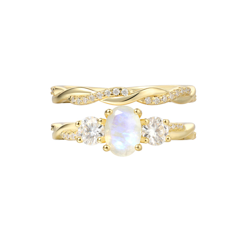 【Infinity Lumina】Unique Handmade Natural Blue Moonstone Engagement Ring Set 2pcs 0.75ct Oval Shape