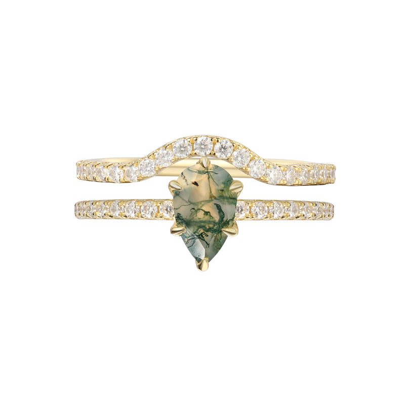 【Sylvan Covenant】Unique Handmade Natural Moss Agate Engagement Ring Set 2pcs 0.7ct Pear Shape