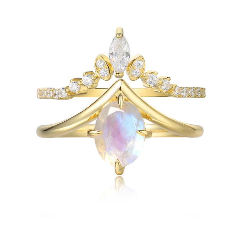 【GENEVIEVE SET】Unique Handmade Natural Blue Moonstone Engagement Ring Set 2pcs Oval Shape 1.5ct