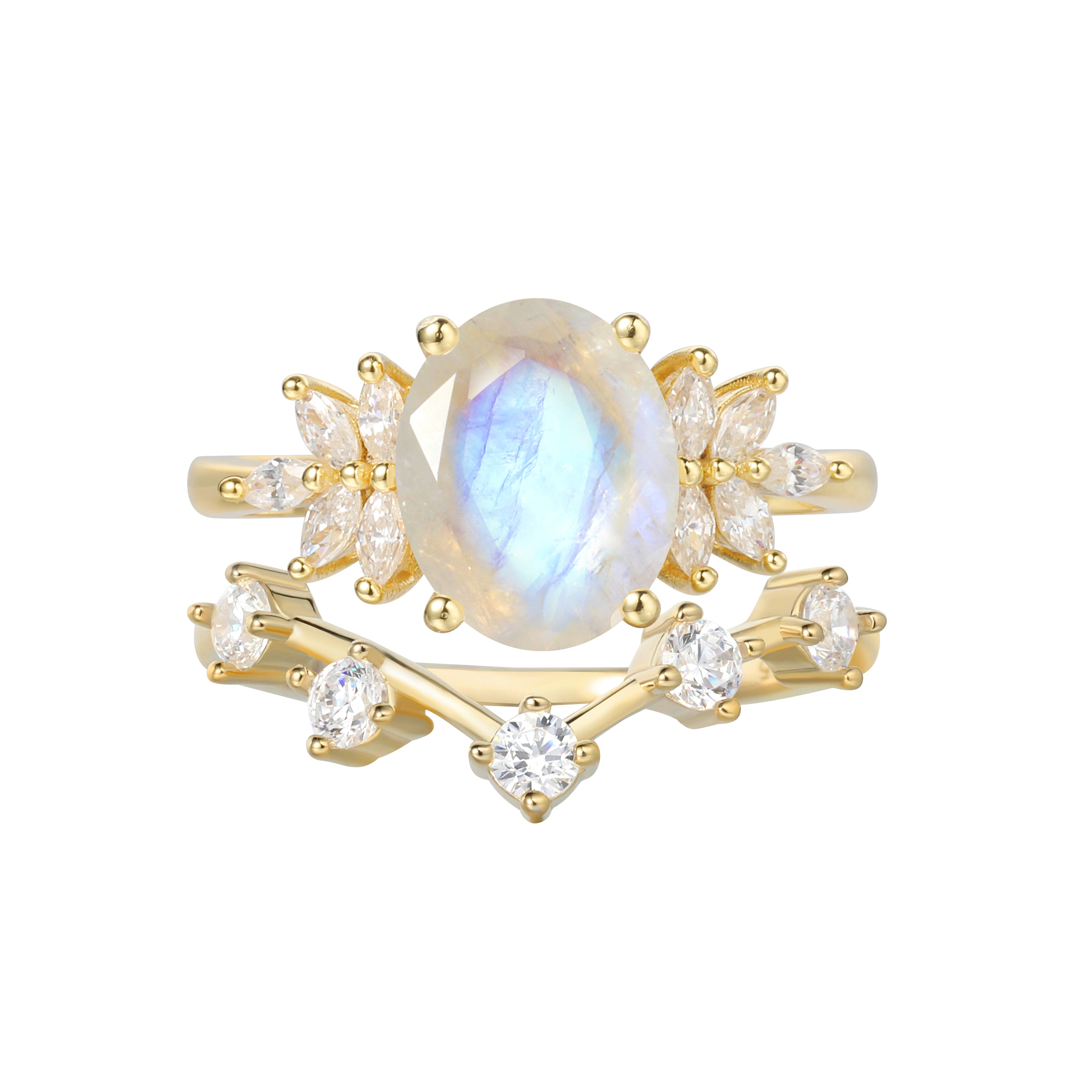 【CELESTE SET】Unique Handmade Natural Blue Moonstone Engagement Ring Set 2pcs Oval Shape 3ct