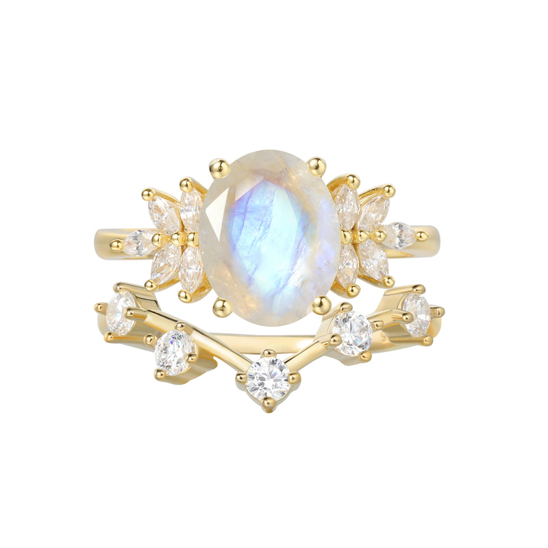 【CELESTE SET】Unique Handmade Natural Blue Moonstone Engagement Ring Set 2pcs Oval Shape 3ct