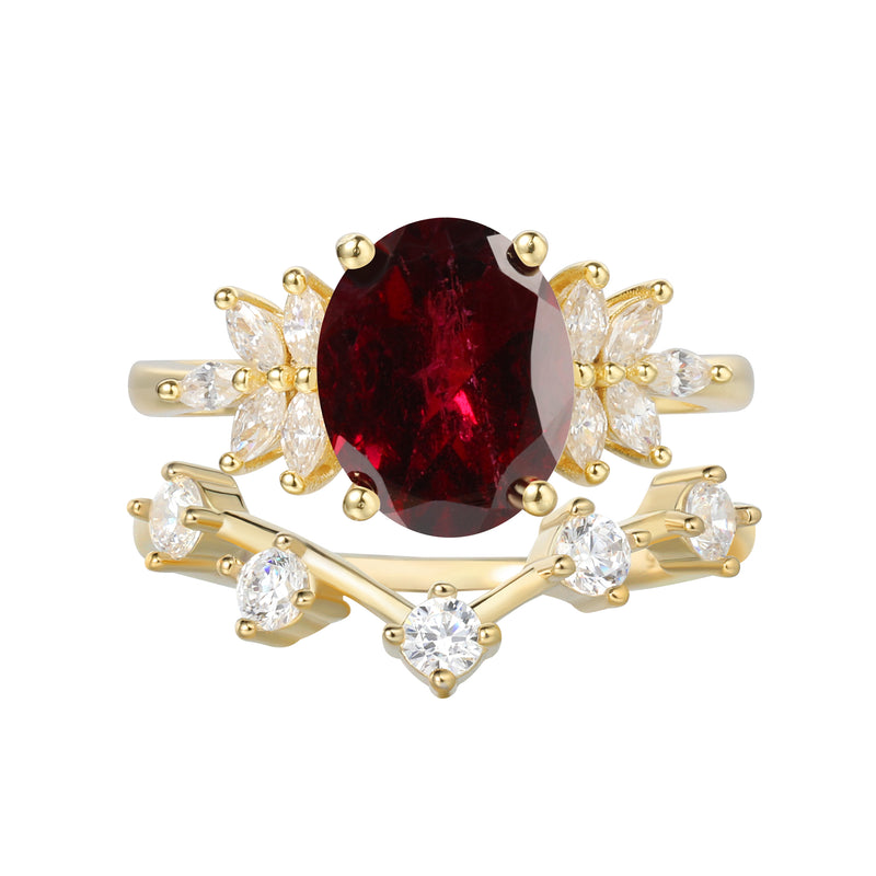 【SCARLETTE SET】Handmade Natural Rhodolite Garnet Engagement Ring Set 2pcs Oval Shape 3ct