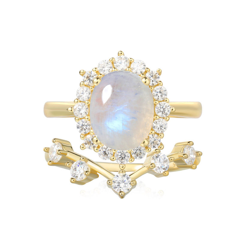 【SELENE SET】Unique Handmade Natural Blue Moonstone Engagement Ring Set 2pcs Oval Shape 3ct