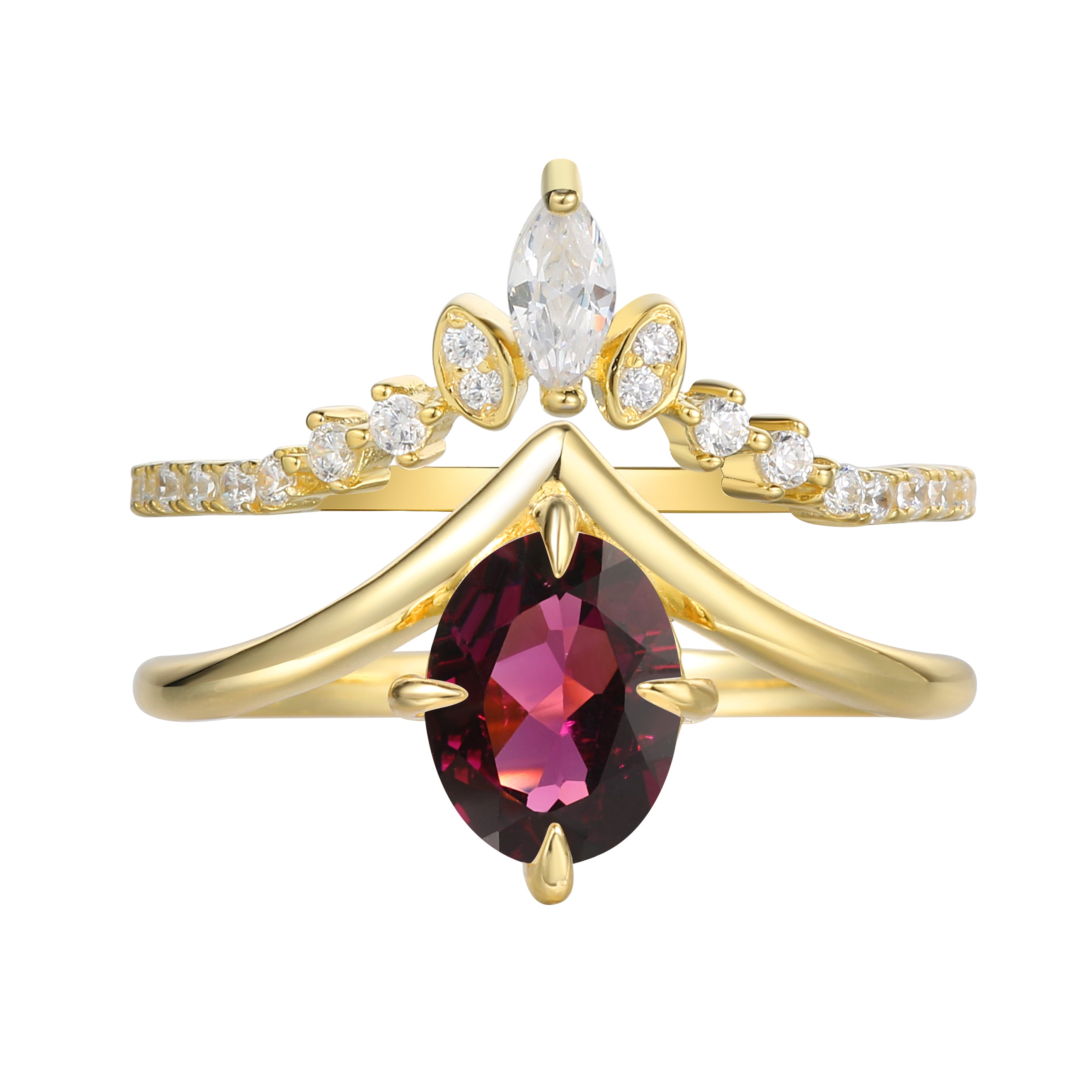 【REGINA SET】Handmade Natural Rhodolite Garnet Engagement Ring Set 2pcs Oval Shape 1.5ct