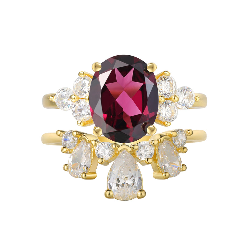 【CARMEN SET】Handmade Natural Rhodolite Garnet Engagement Ring Set 2pcs 3ct Oval Shape