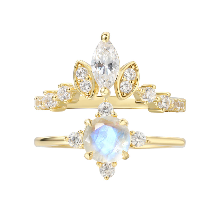 【ARIADNE SET】Unique Handmade Natural Blue Moonstone Engagement Ring Set 2pcs Round Shape 0.8ct