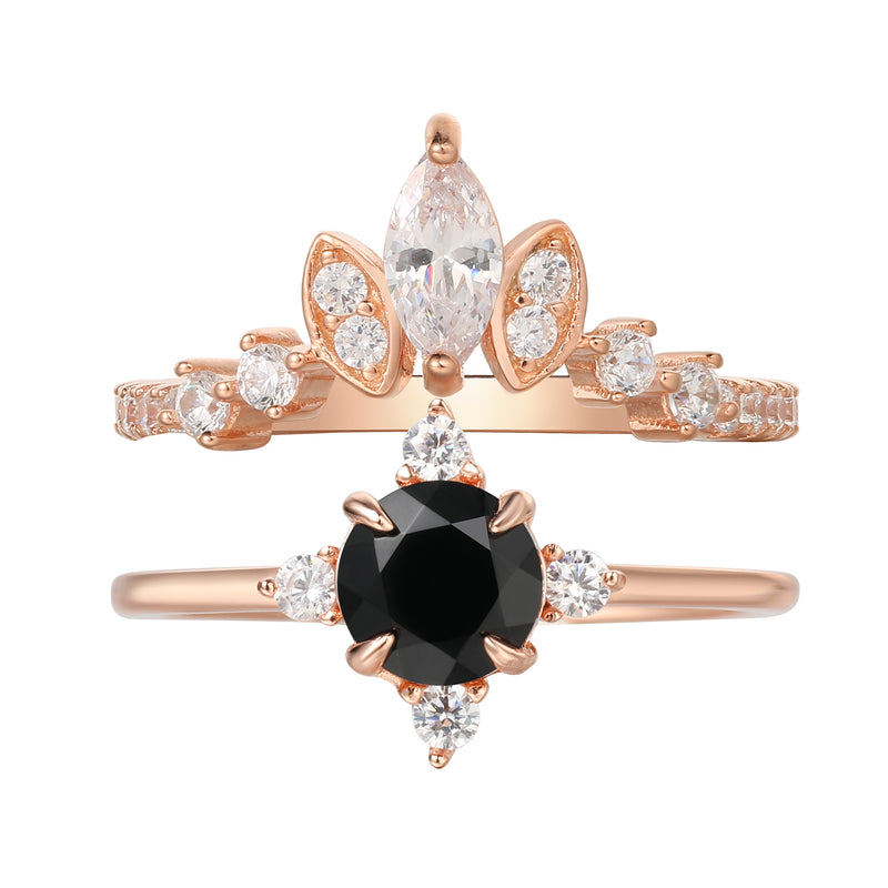 【HECATE SET】Unique Handmade Natural Black Onyx Engagement Ring Set 2pcs Round Shape 0.8ct