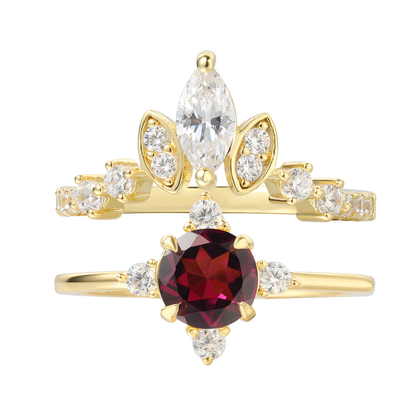 【FREYA SET】Unique Handmade Natural Rhodolite Garnet Engagement Ring Set 2pcs Round Shape 0.8ct